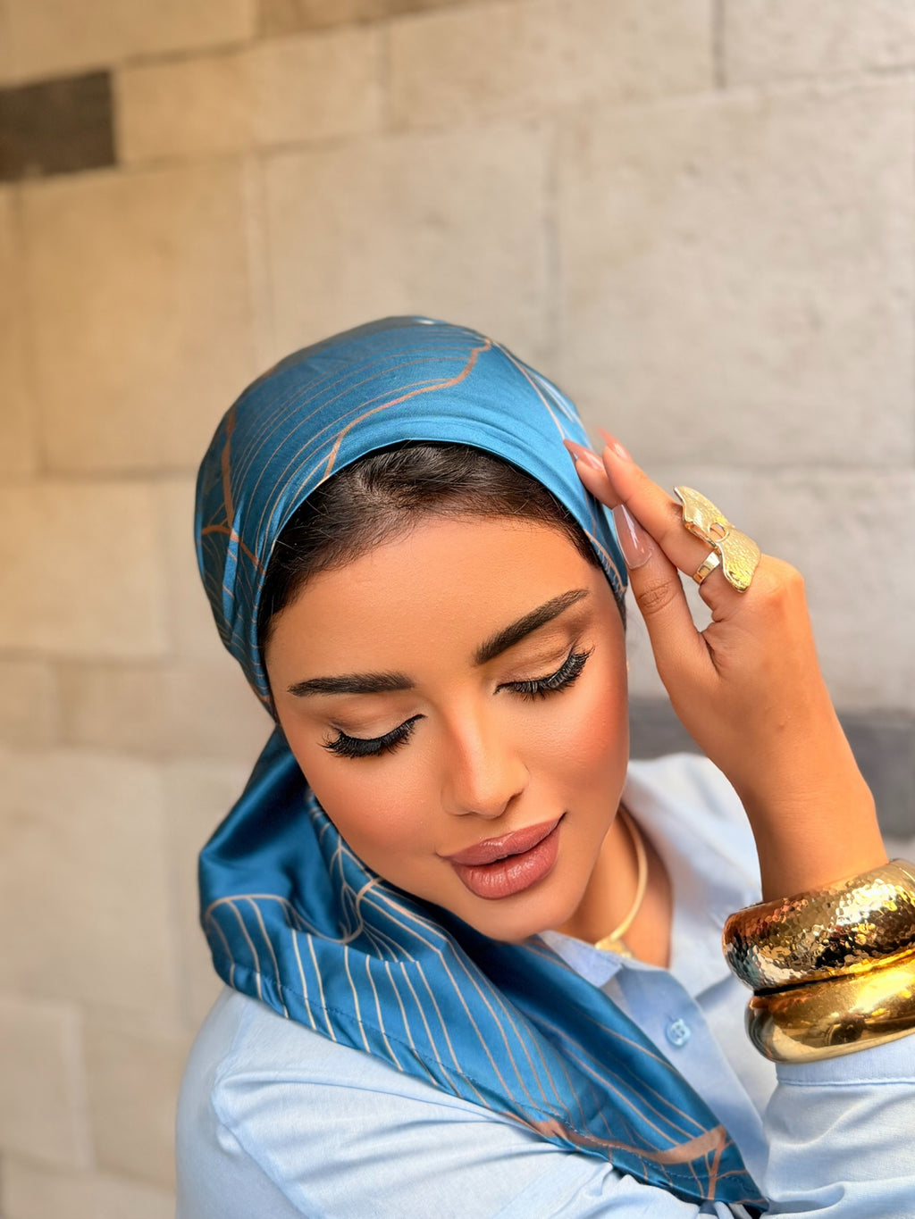 Leaf Line Print Head Scarf — Teal & Gold