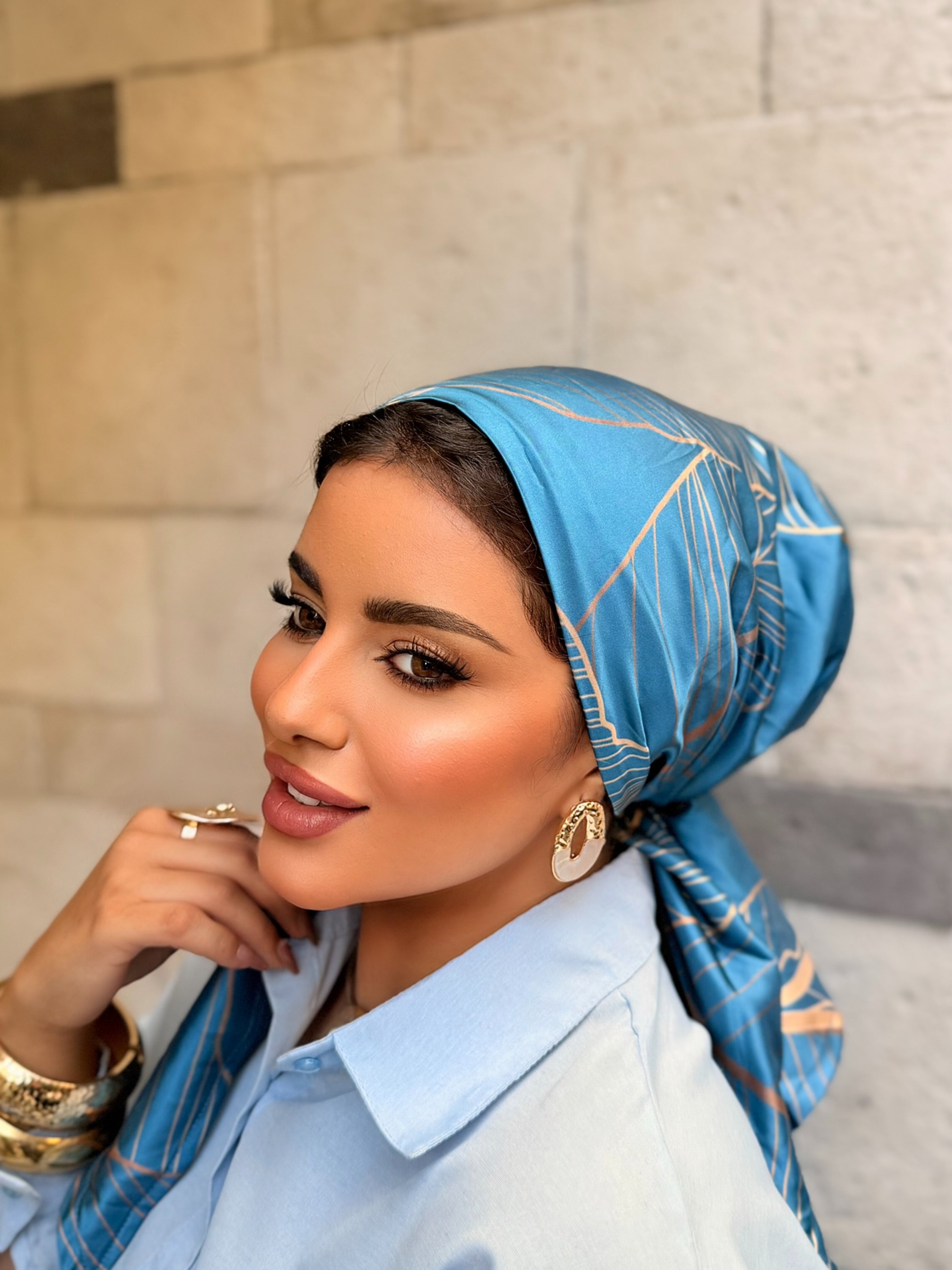 Leaf Line Print Head Scarf — Teal & Gold