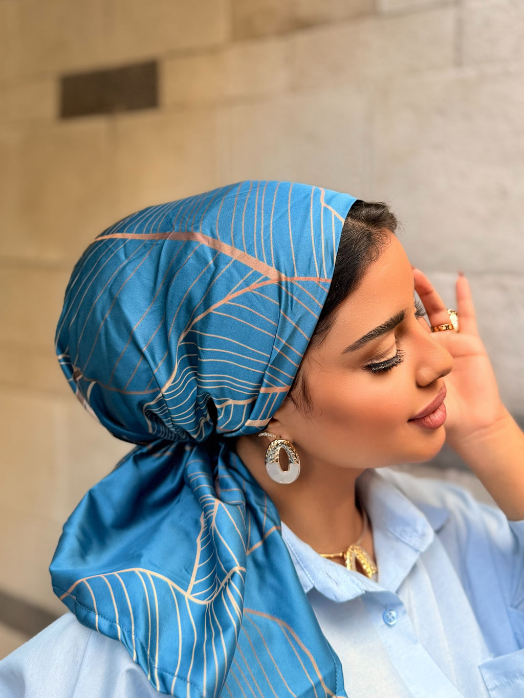 Leaf Line Print Head Scarf — Teal & Gold