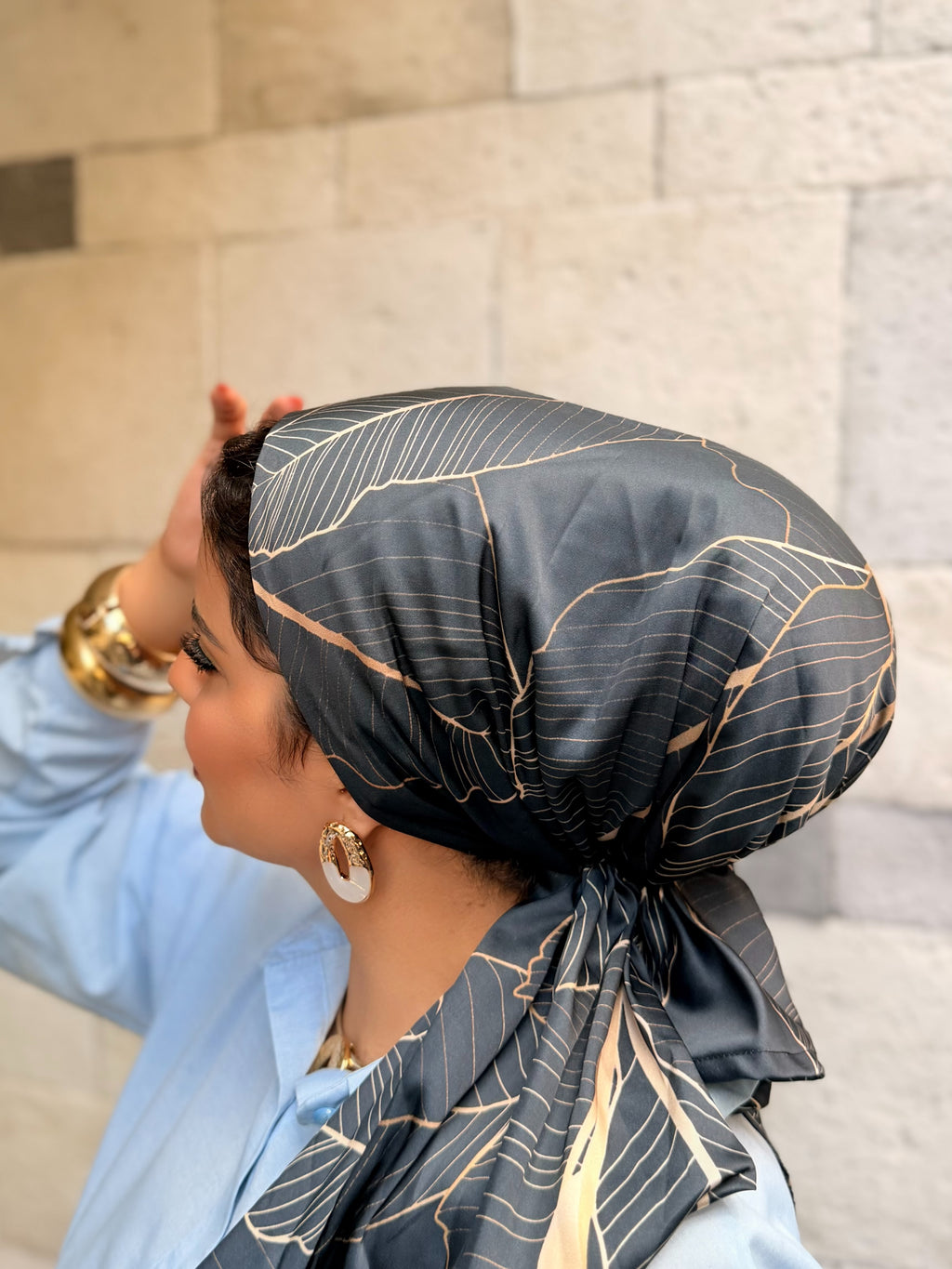 Leaf Line Print Head Scarf —   Deep Blue & Gold