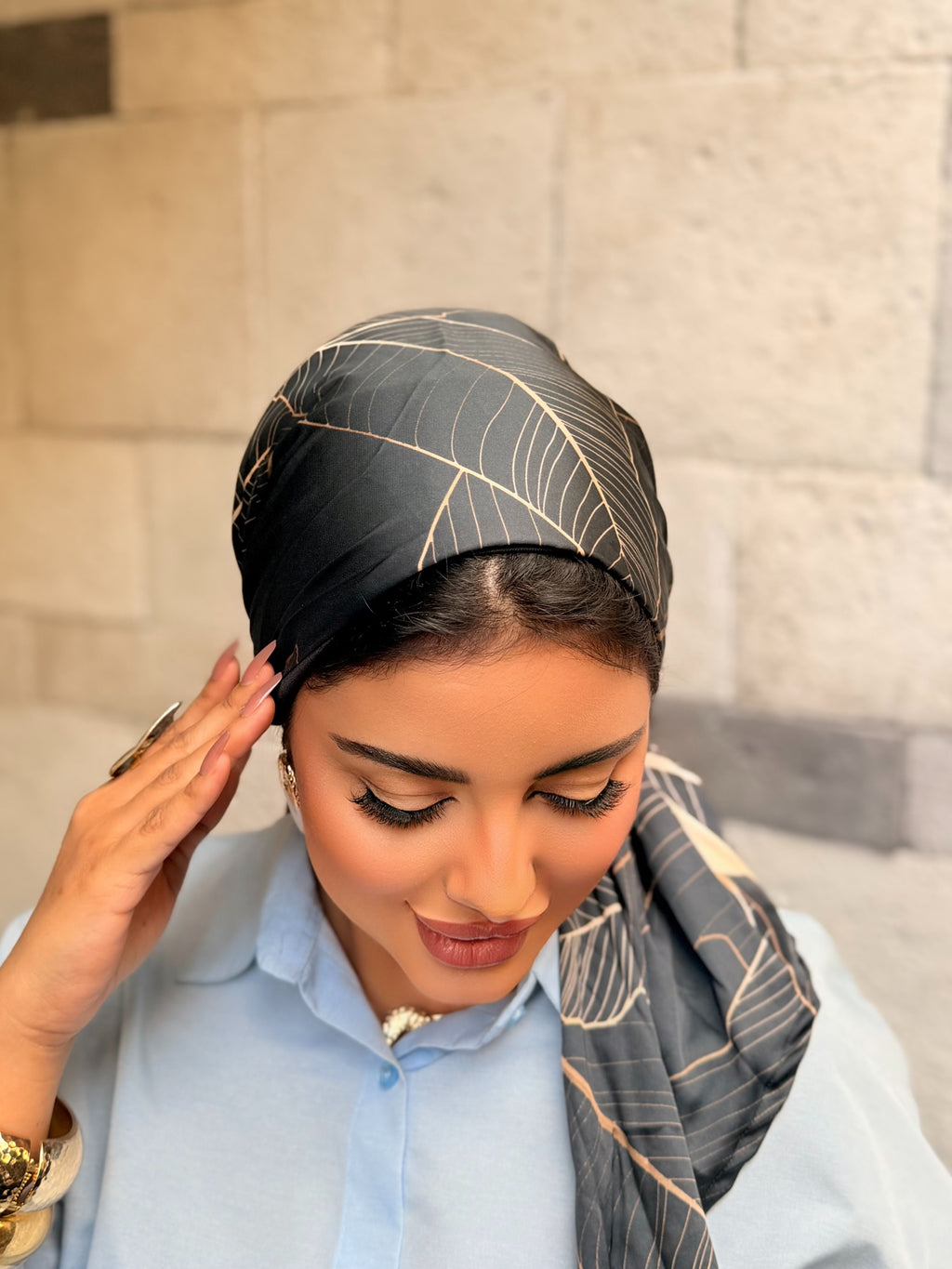 Leaf Line Print Head Scarf —   Deep Blue & Gold