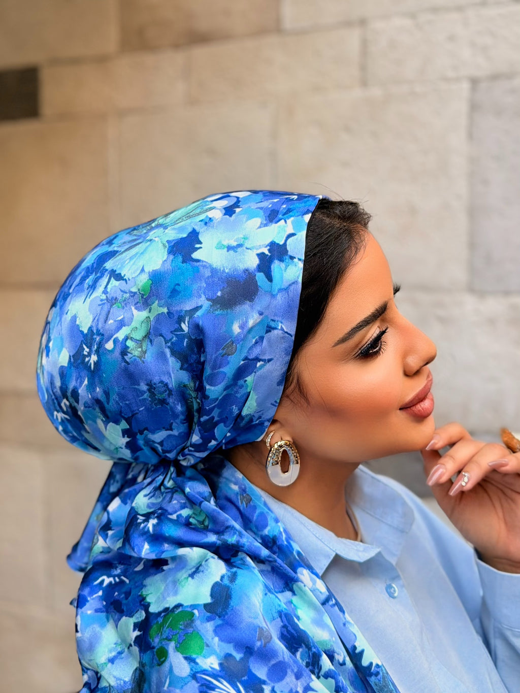 Watercolor Floral Head Scarf — Blue