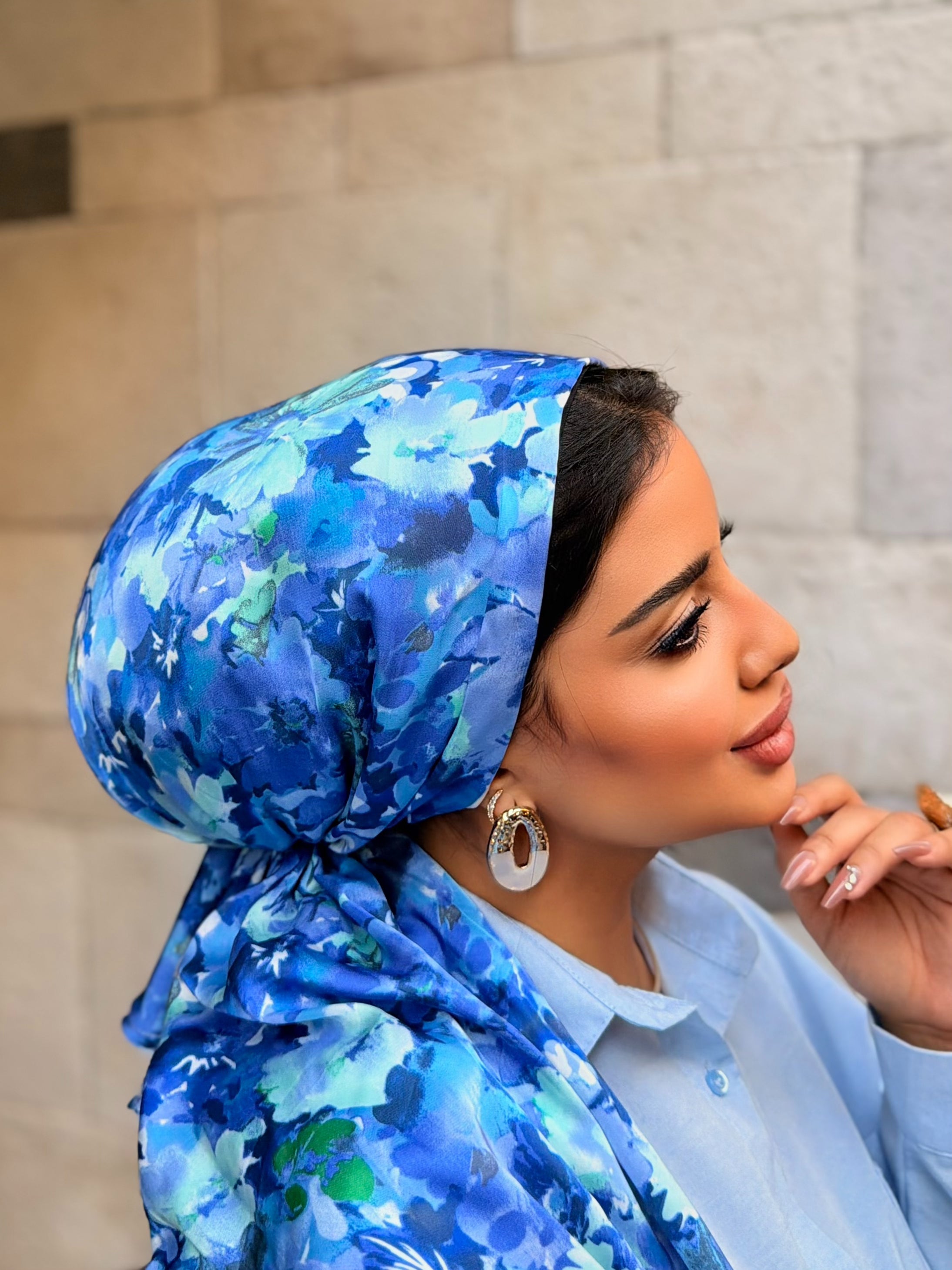 Watercolor Floral Head Scarf — Blue