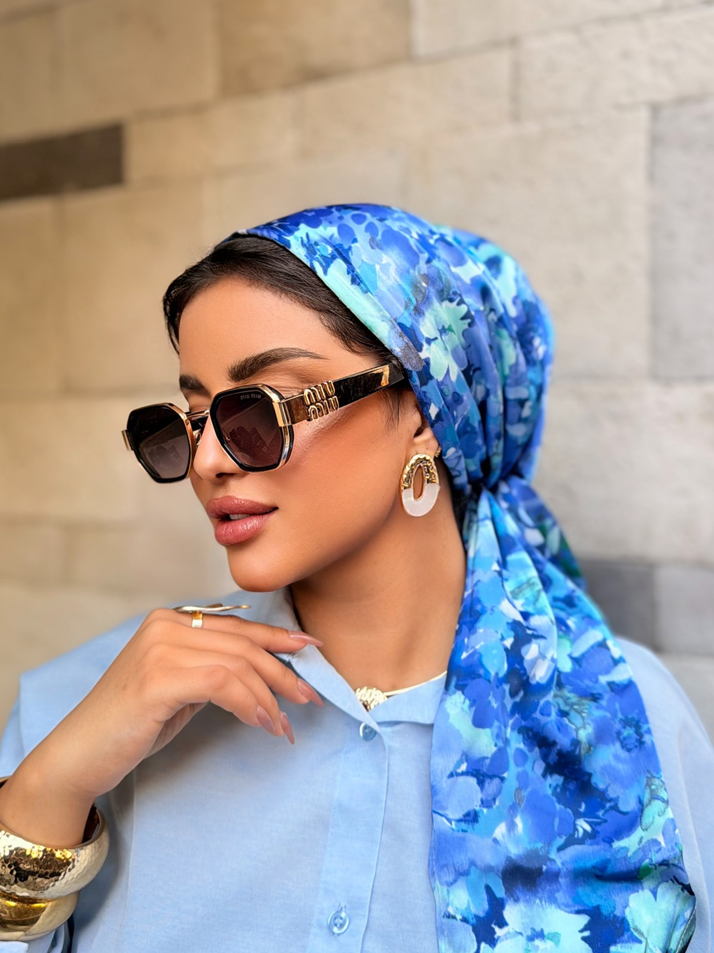 Watercolor Floral Head Scarf — Blue