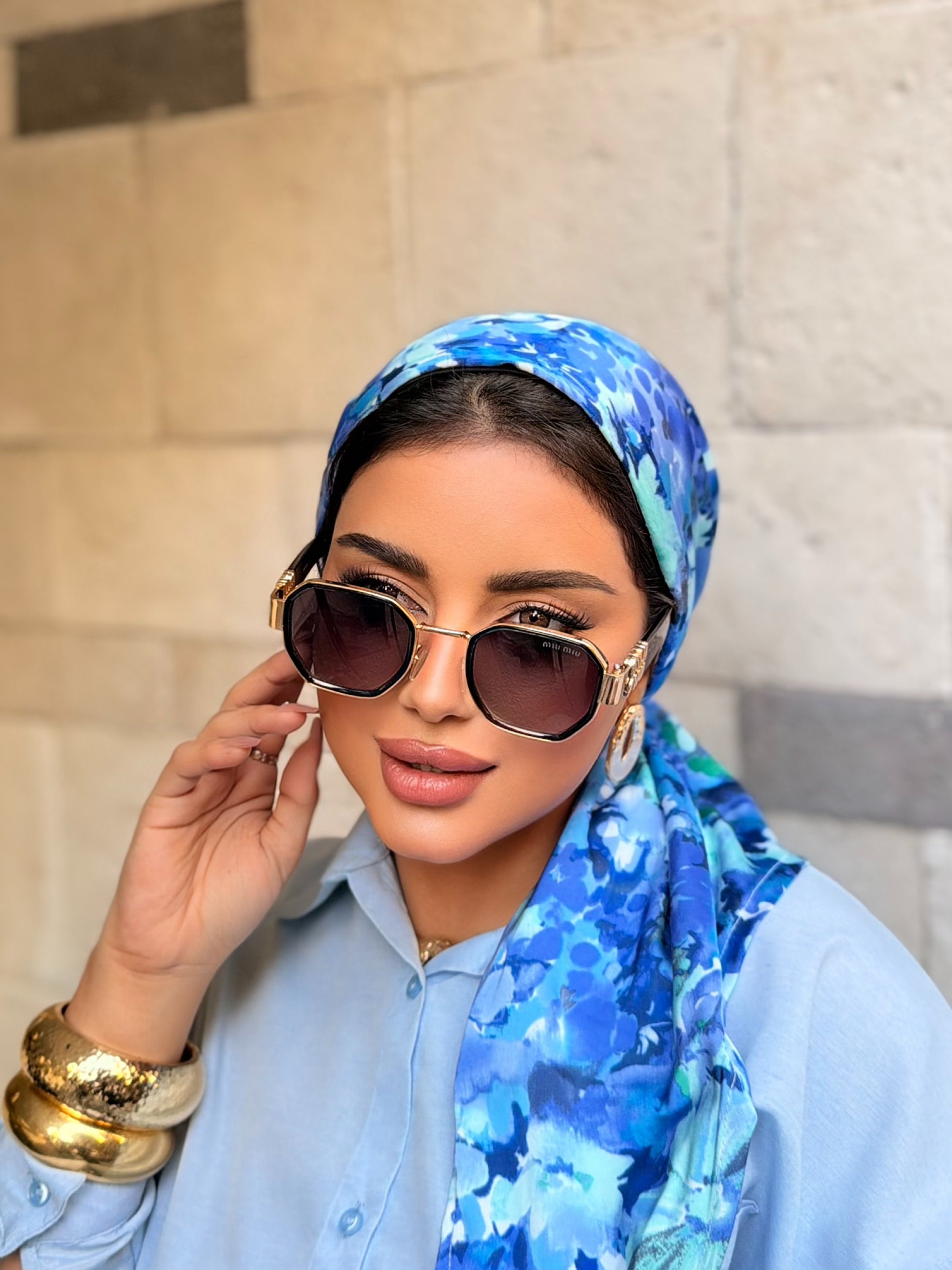 Watercolor Floral Head Scarf — Blue