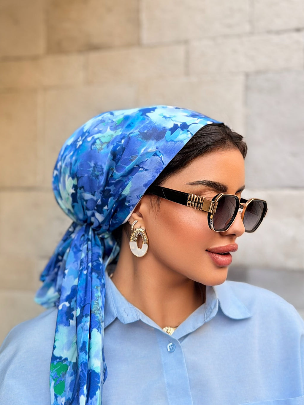 Watercolor Floral Head Scarf — Blue