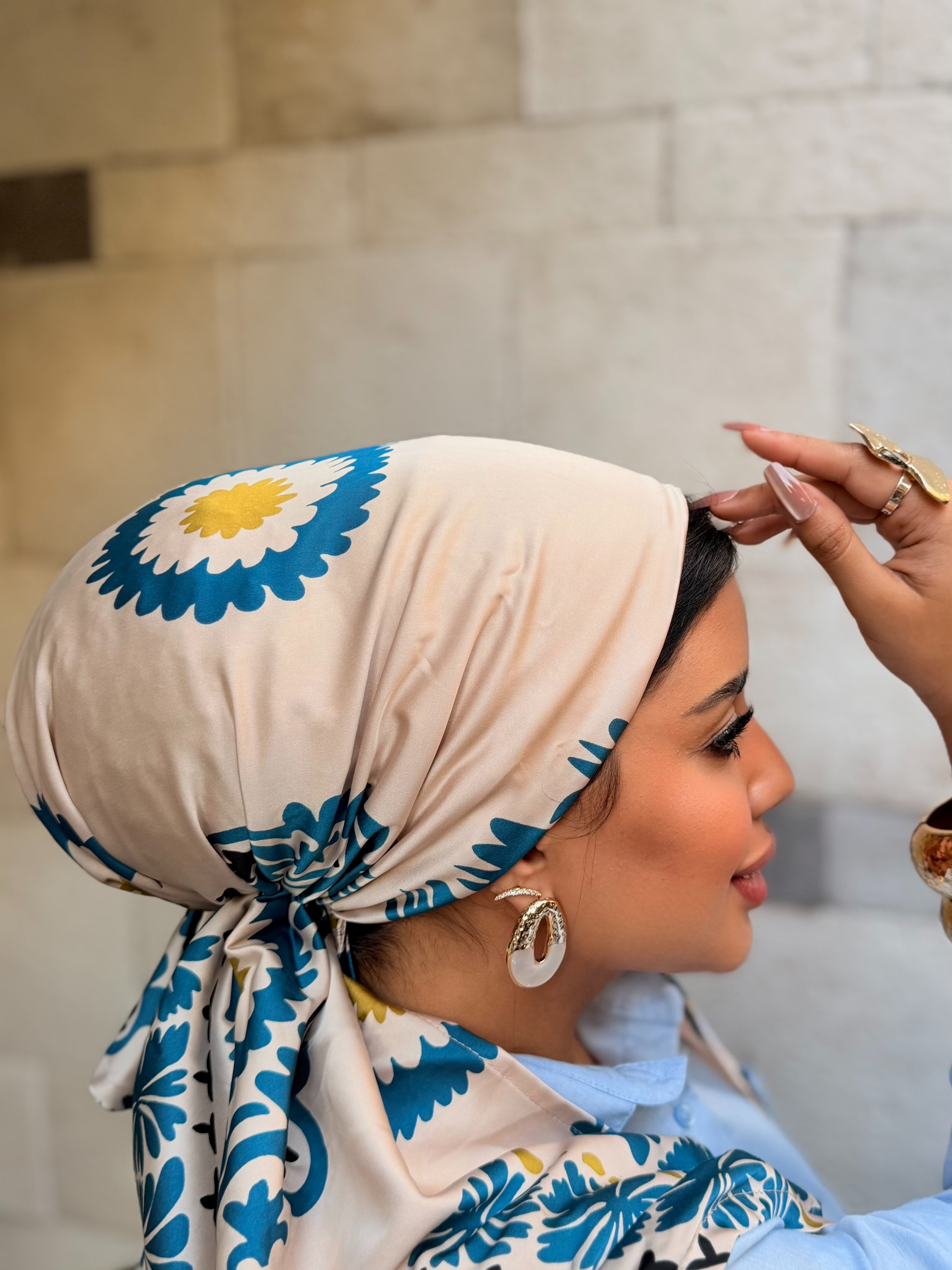 Moroccan Tile Head Scarf — Cream & Blue