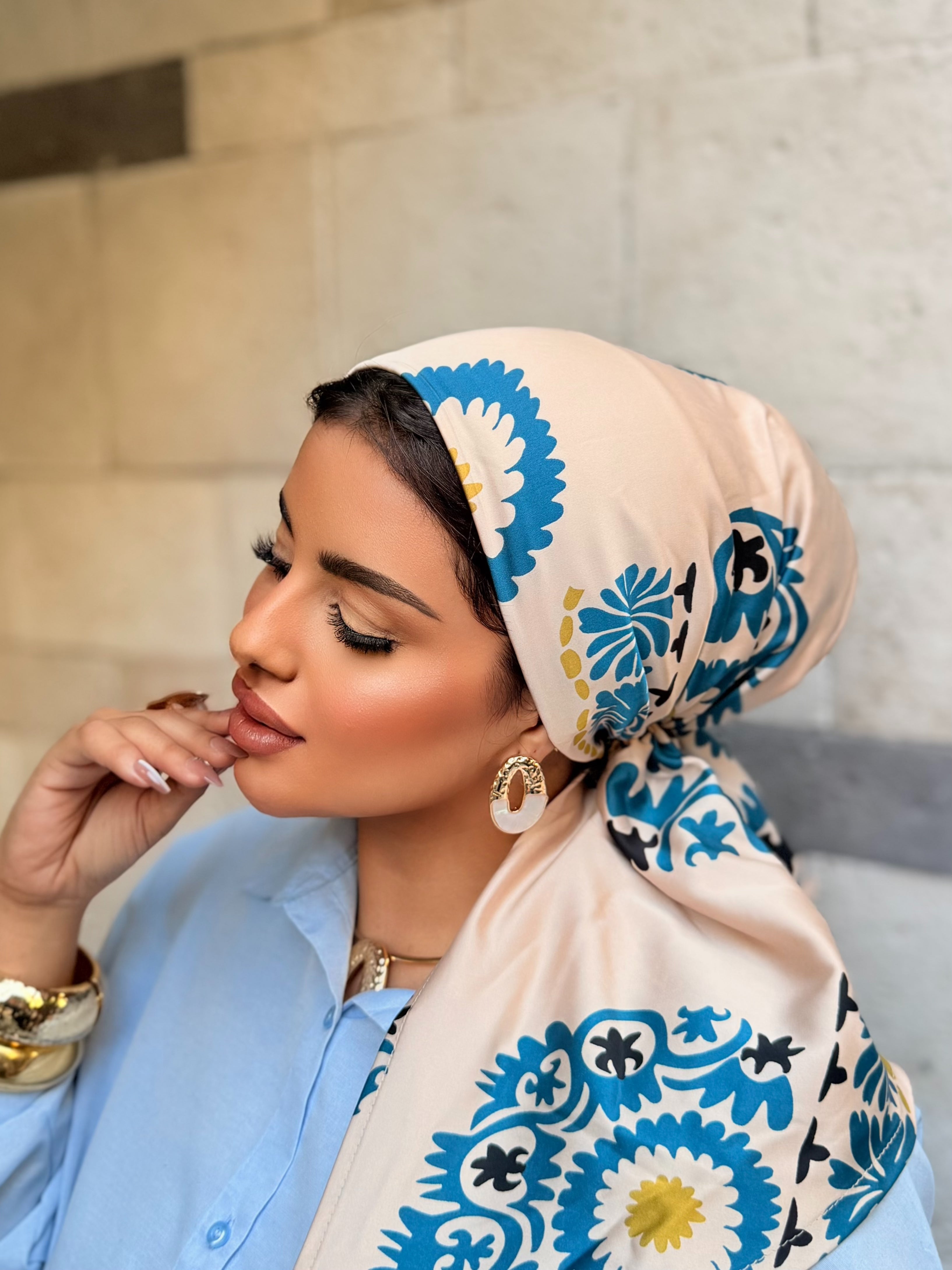 Moroccan Tile Head Scarf — Cream & Blue
