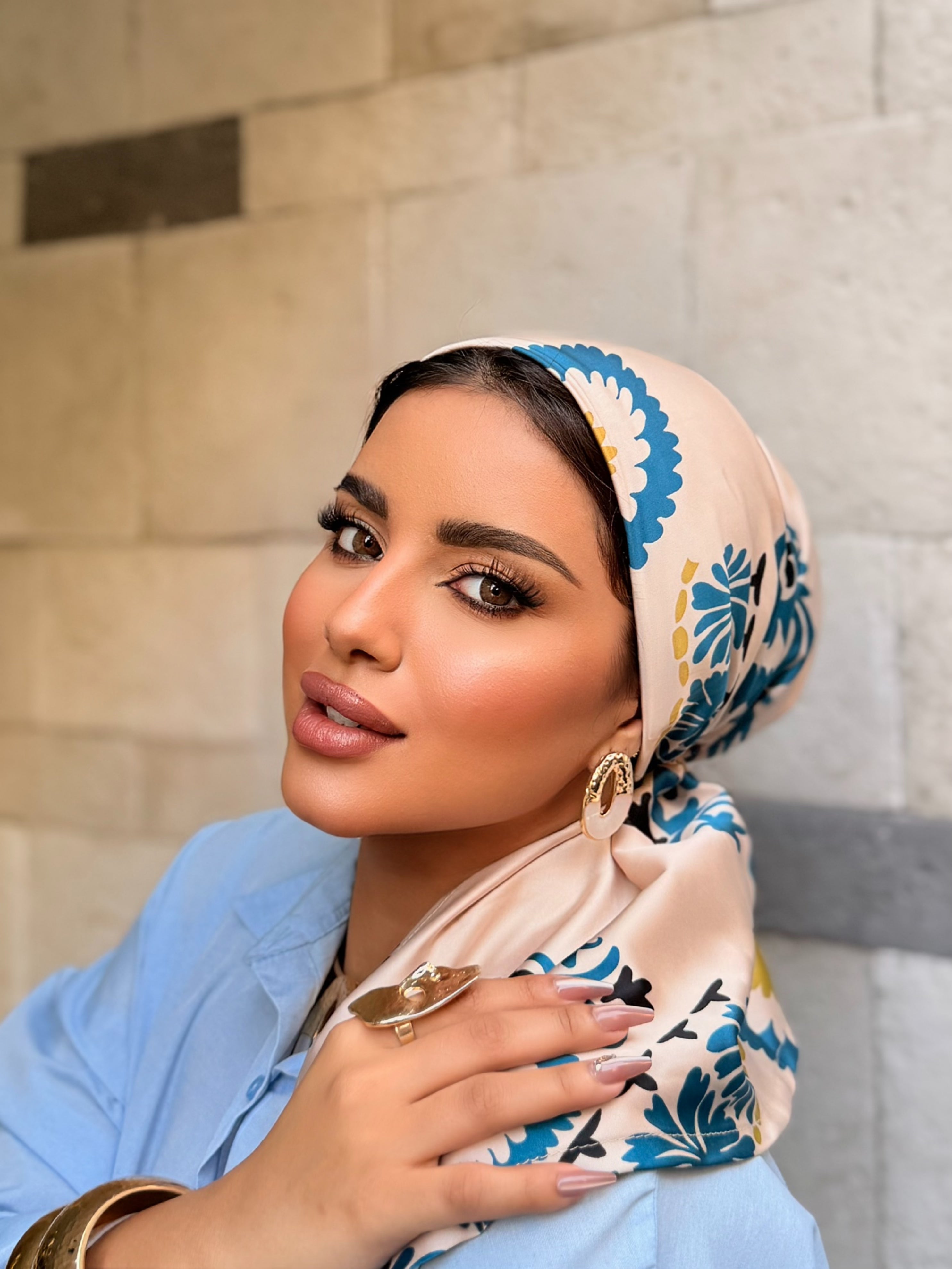 Moroccan Tile Head Scarf — Cream & Blue