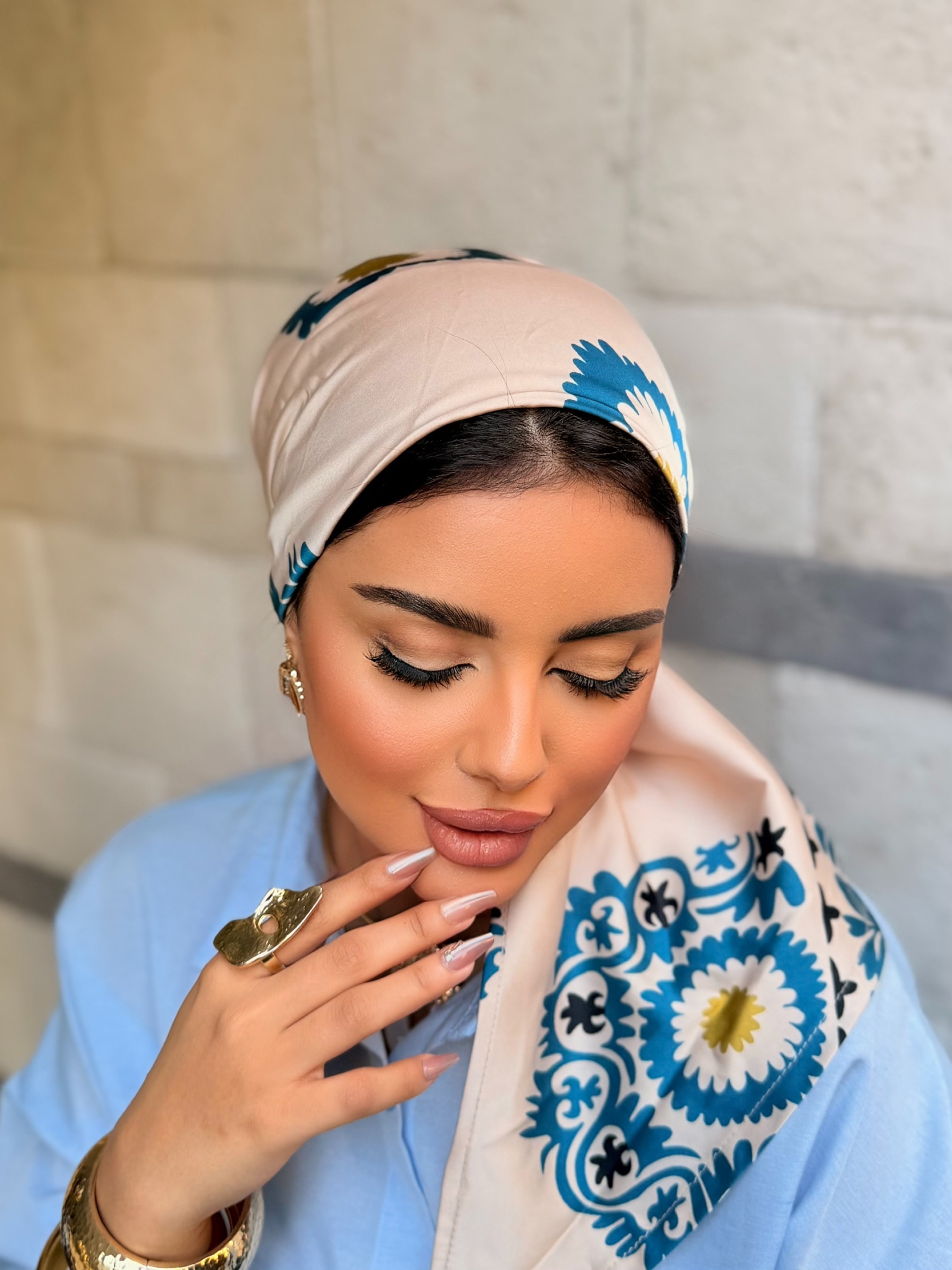 Moroccan Tile Head Scarf — Cream & Blue