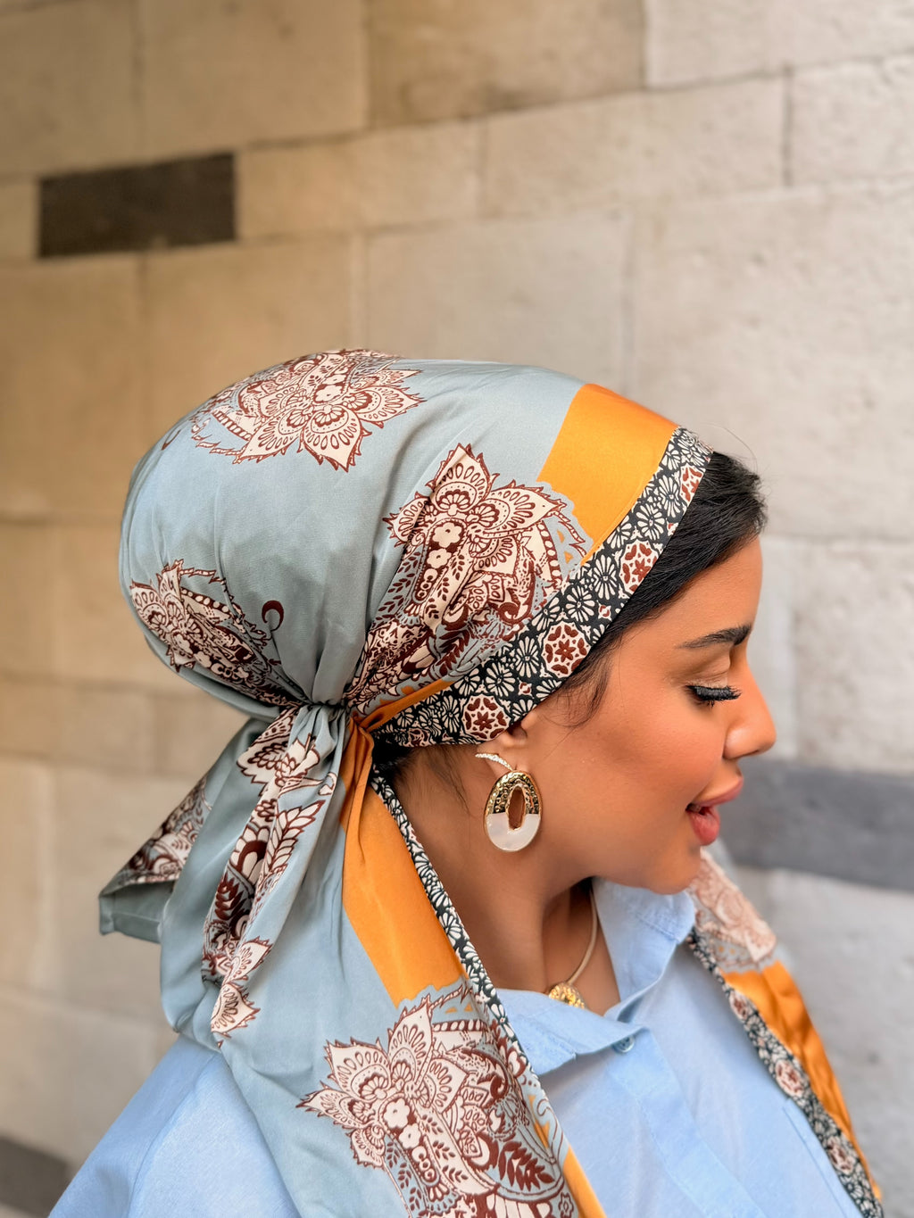 Mandala Border Head Scarf — Sage & Orange