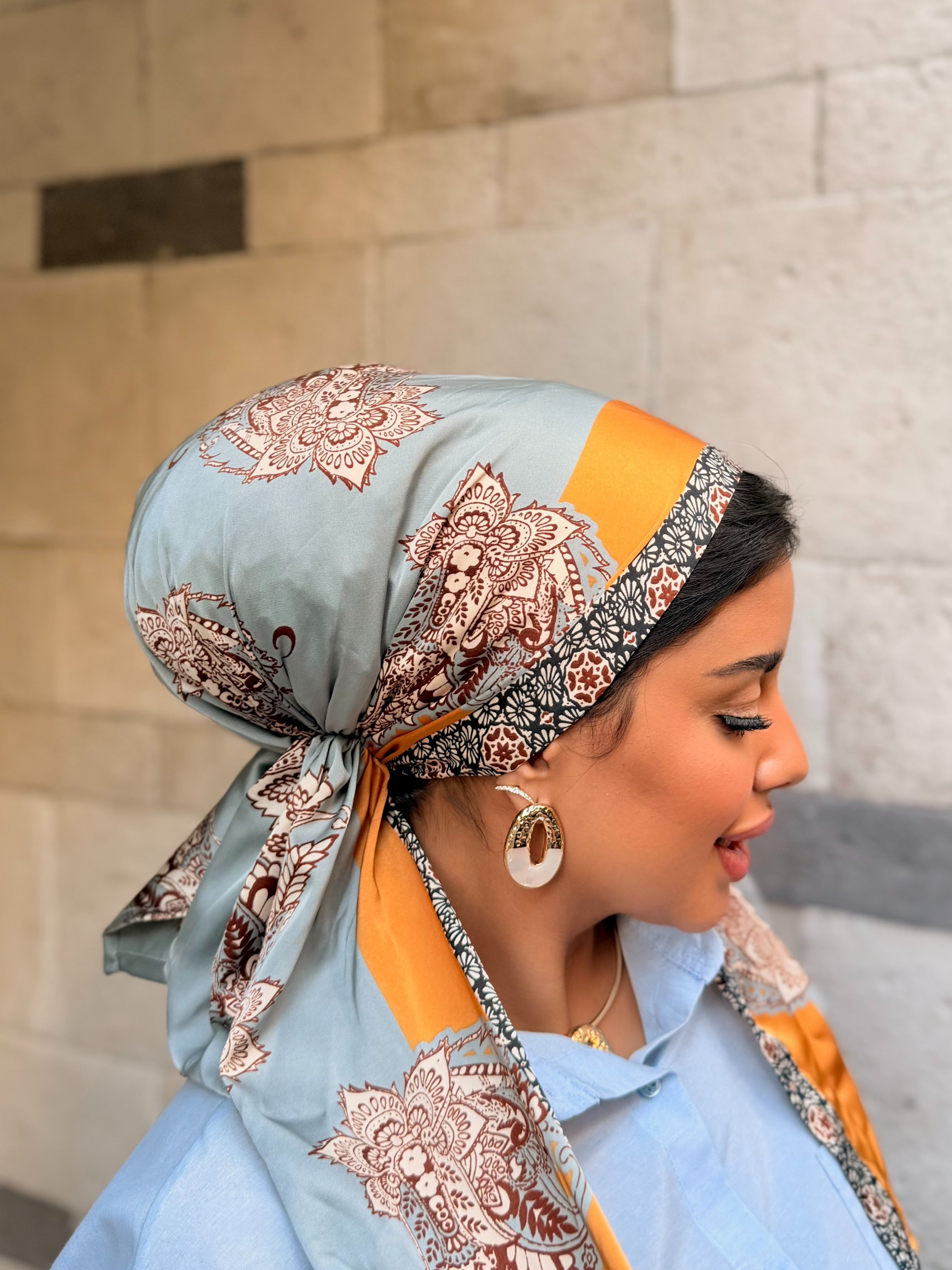 Mandala Border Head Scarf — Sage & Orange