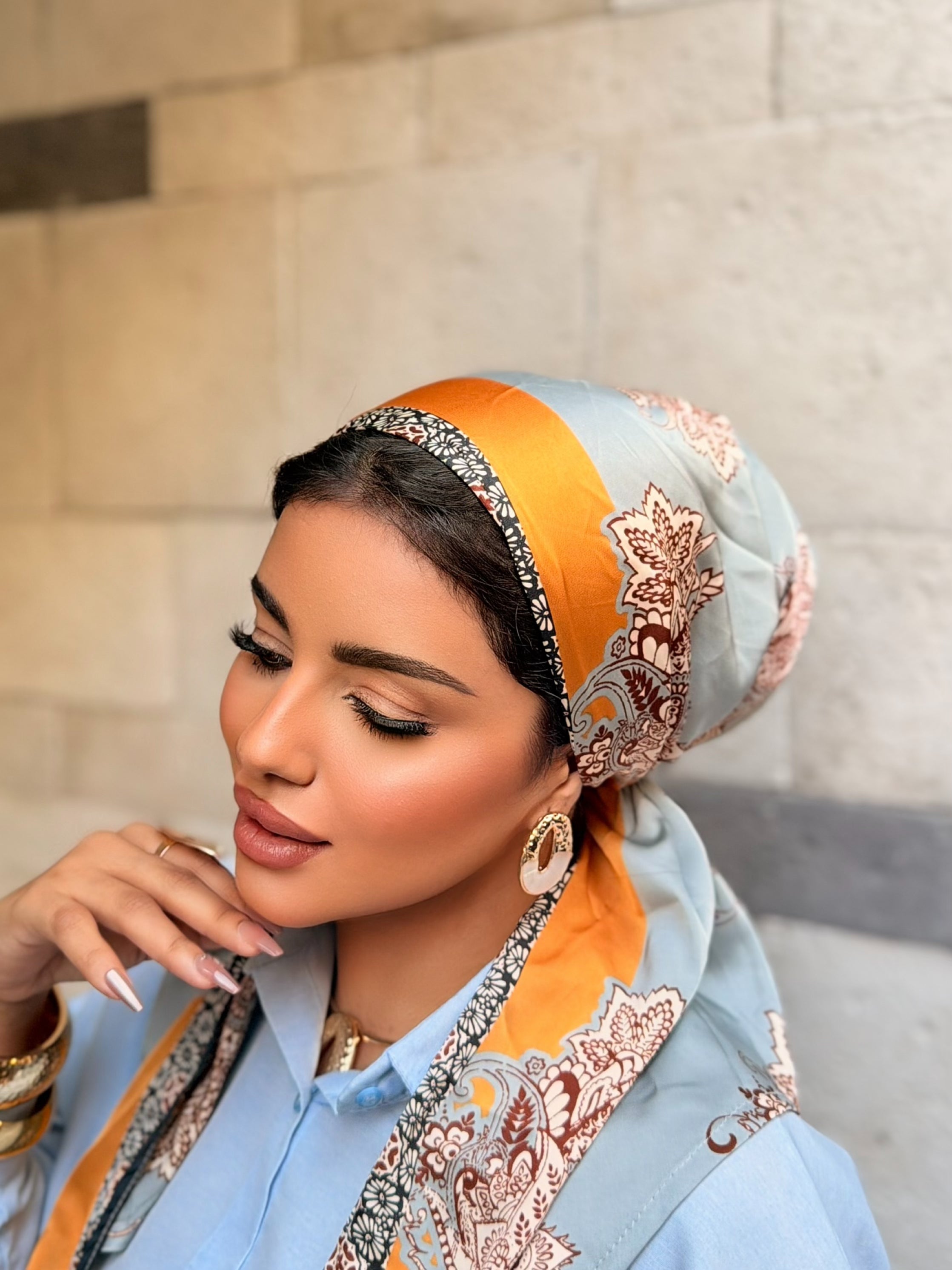 Mandala Border Head Scarf — Sage & Orange