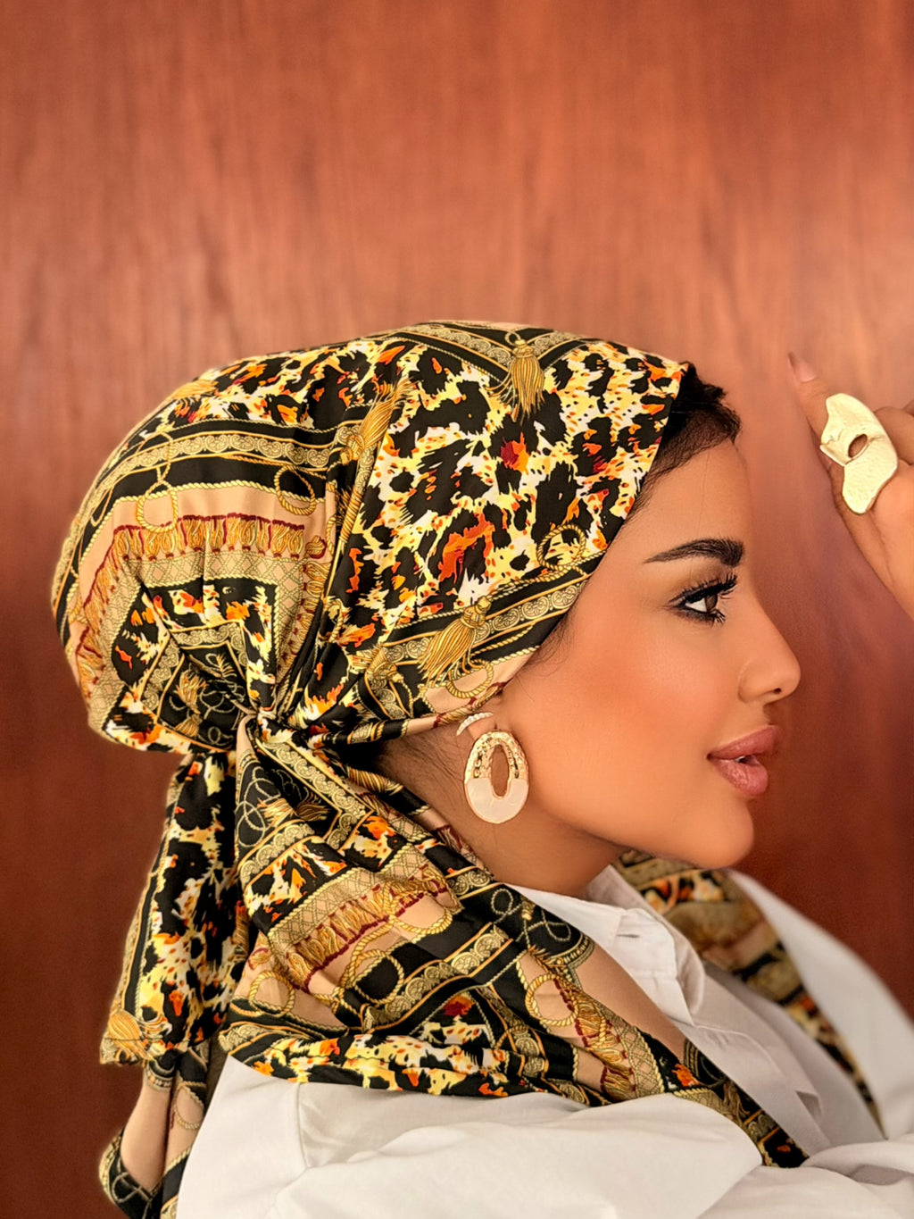 Leopard & Chain Head Scarf — Black & Gold