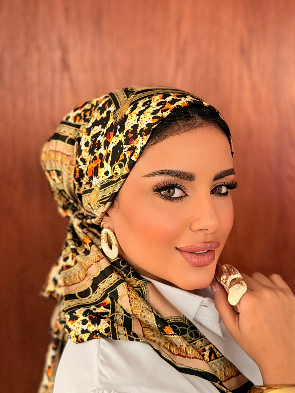 Leopard & Chain Head Scarf — Black & Gold