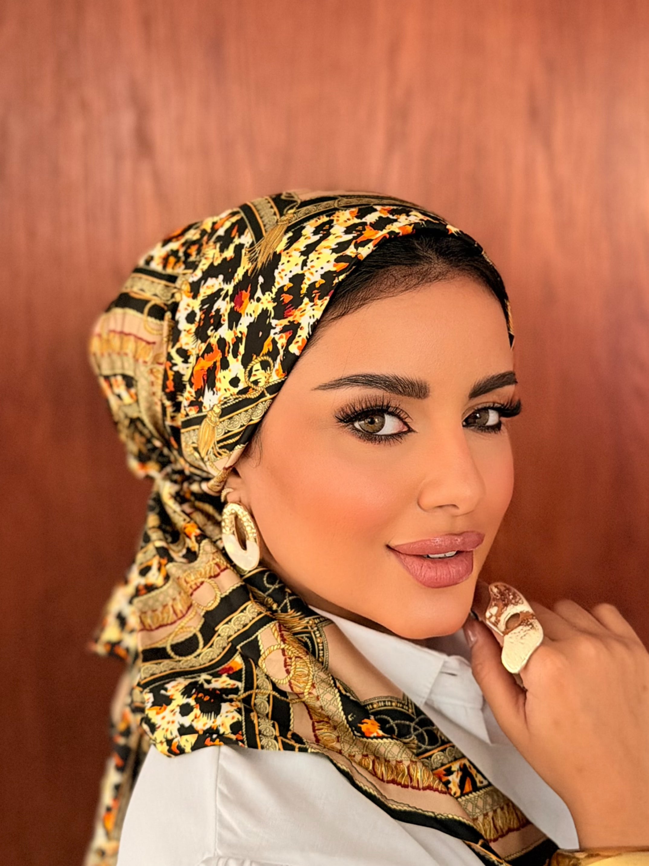 Leopard & Chain Head Scarf — Black & Gold