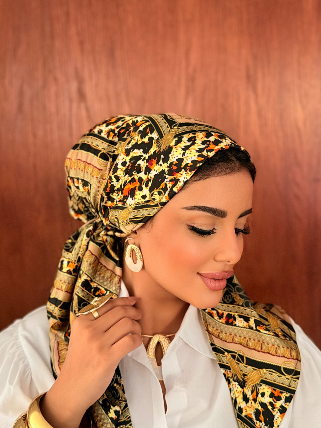 Leopard & Chain Head Scarf — Black & Gold