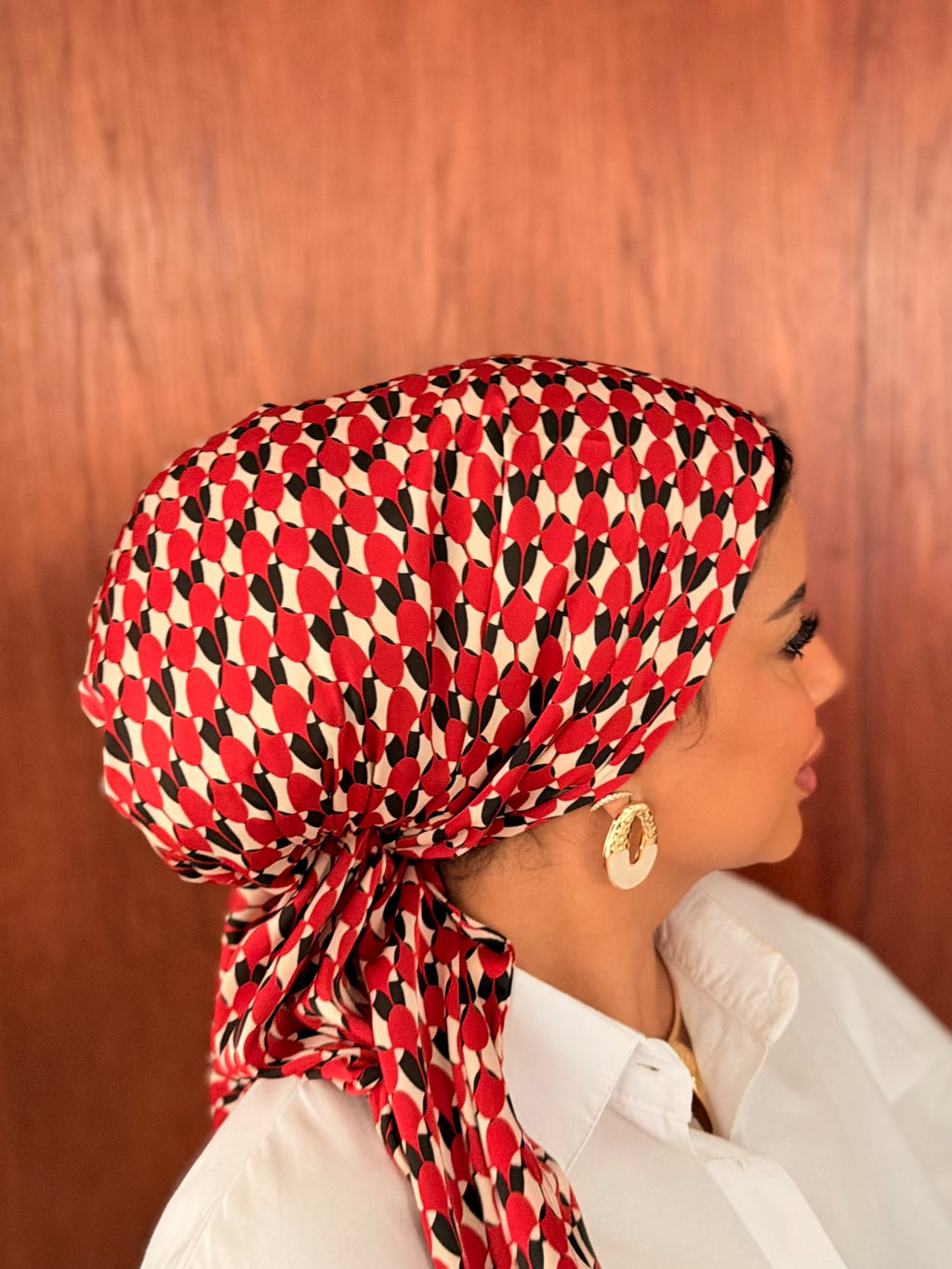 Oval Geo Head Scarf — Red, Black & Cream