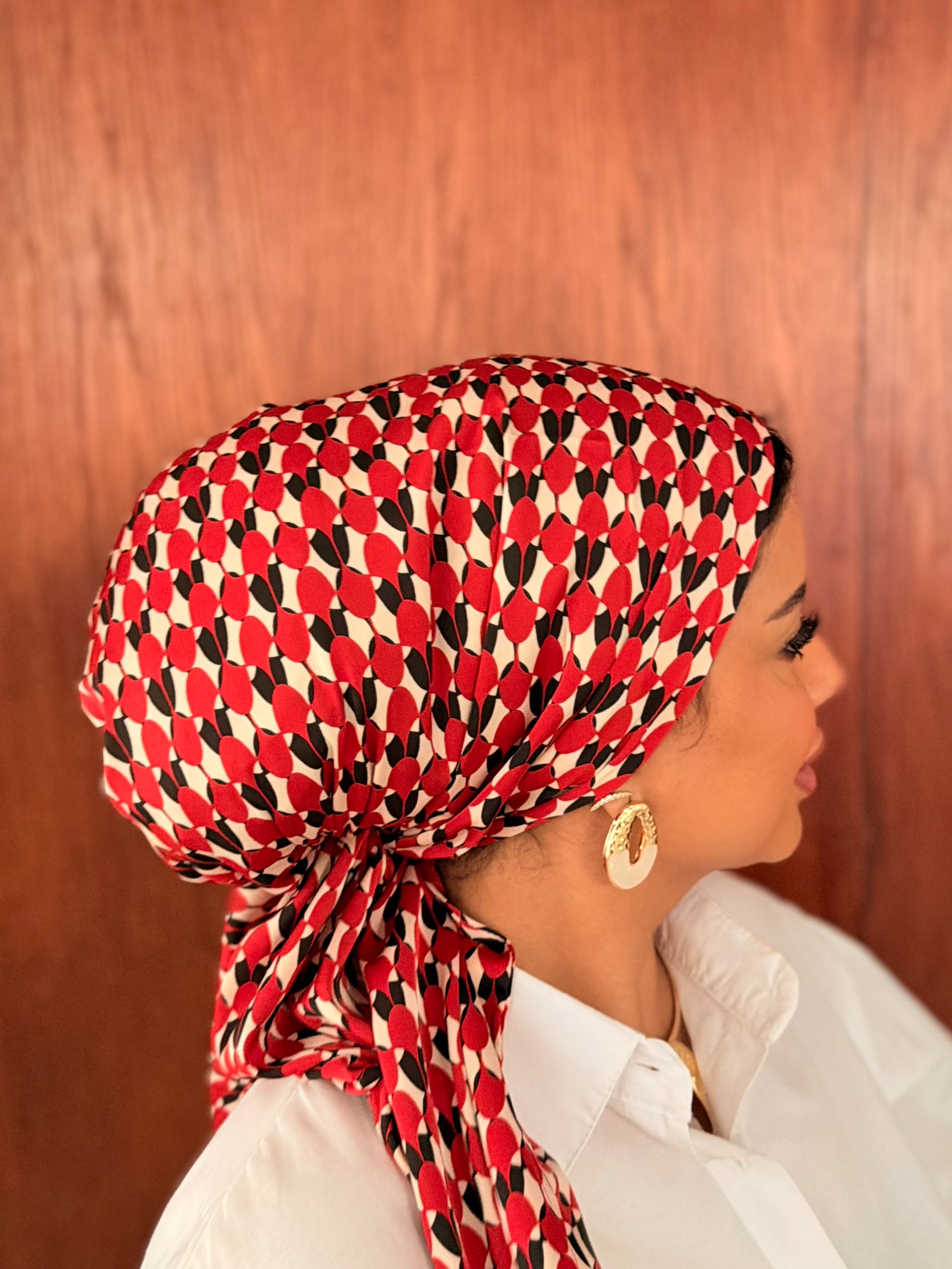 Oval Geo Head Scarf — Red, Black & Cream