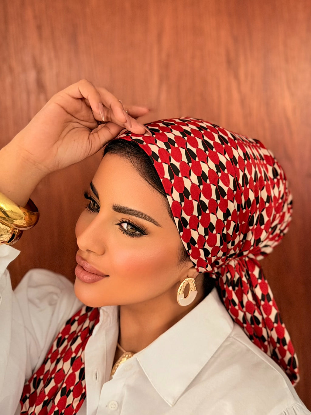 Oval Geo Head Scarf — Red, Black & Cream