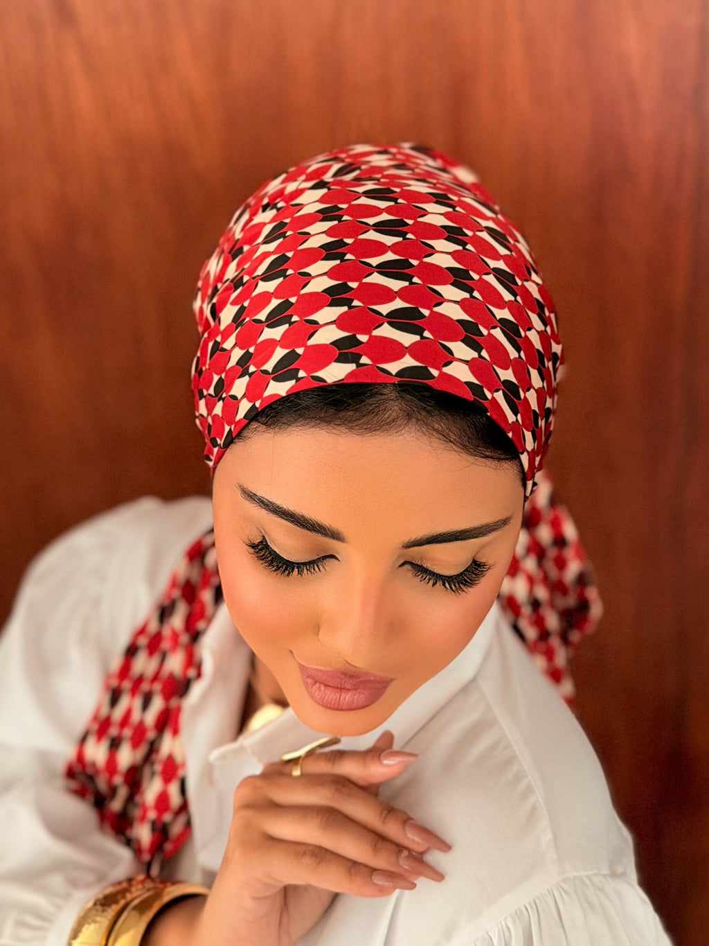 Oval Geo Head Scarf — Red, Black & Cream