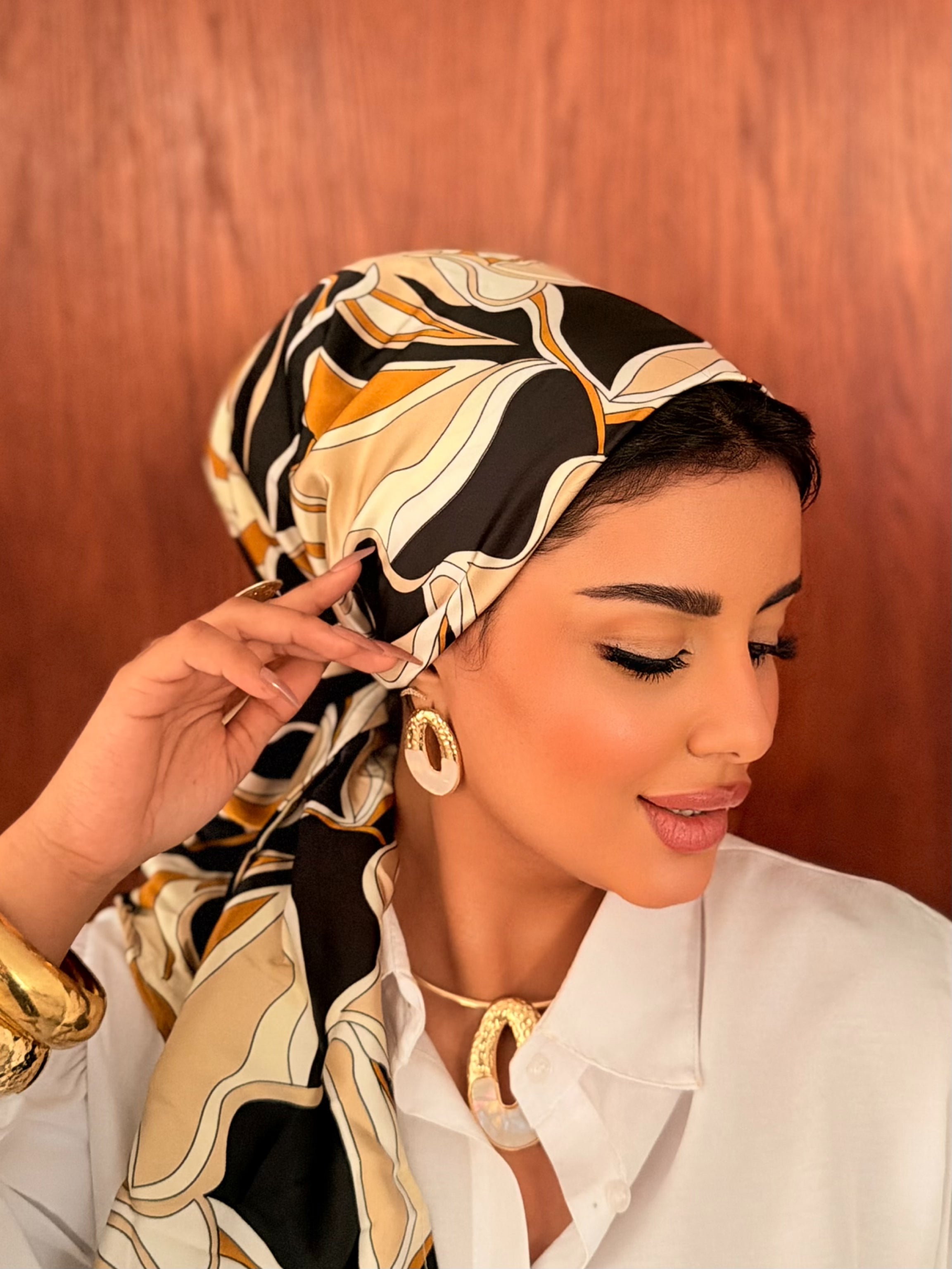 Abstract Swirl Head Scarf — Black & Amber