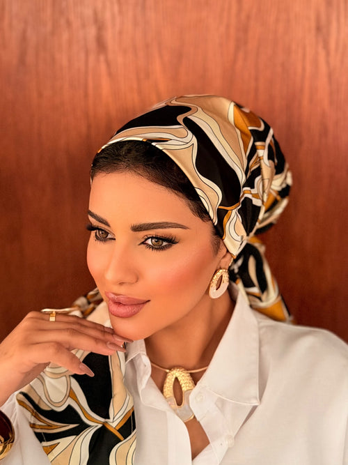 Abstract Swirl Head Scarf — Black & Amber