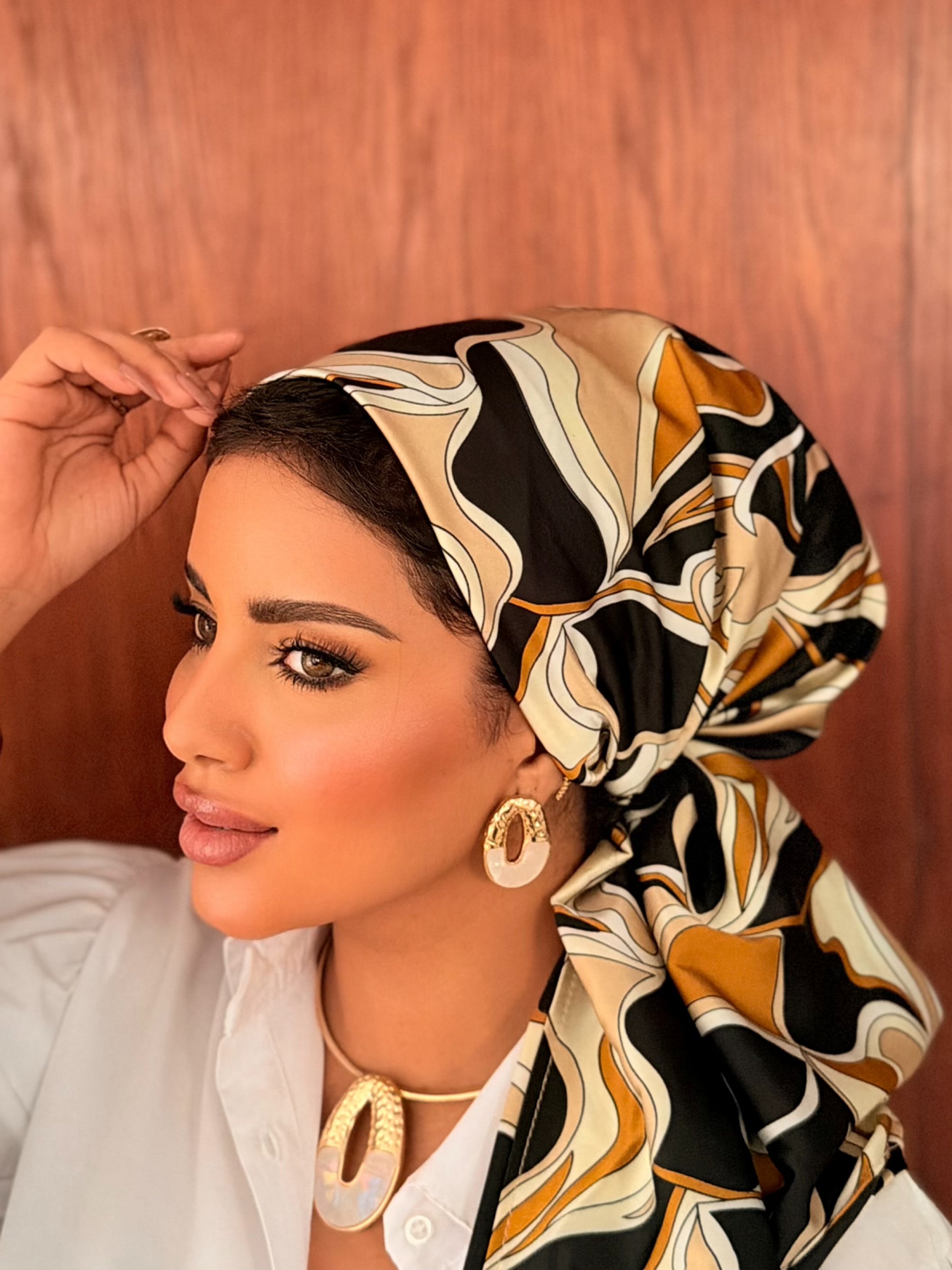 Abstract Swirl Head Scarf — Black & Amber