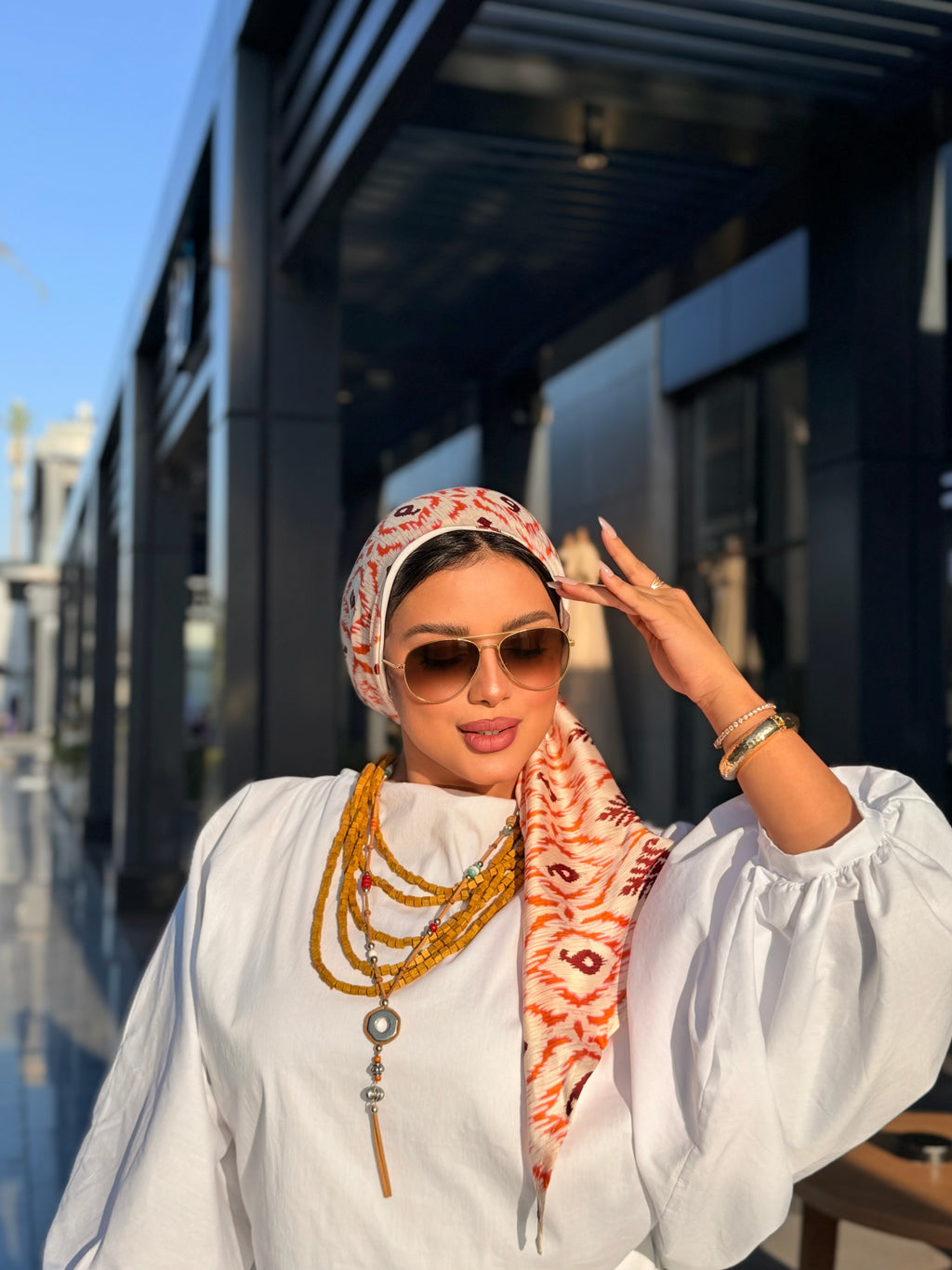 Ikat Print Head Scarf – Rust & White