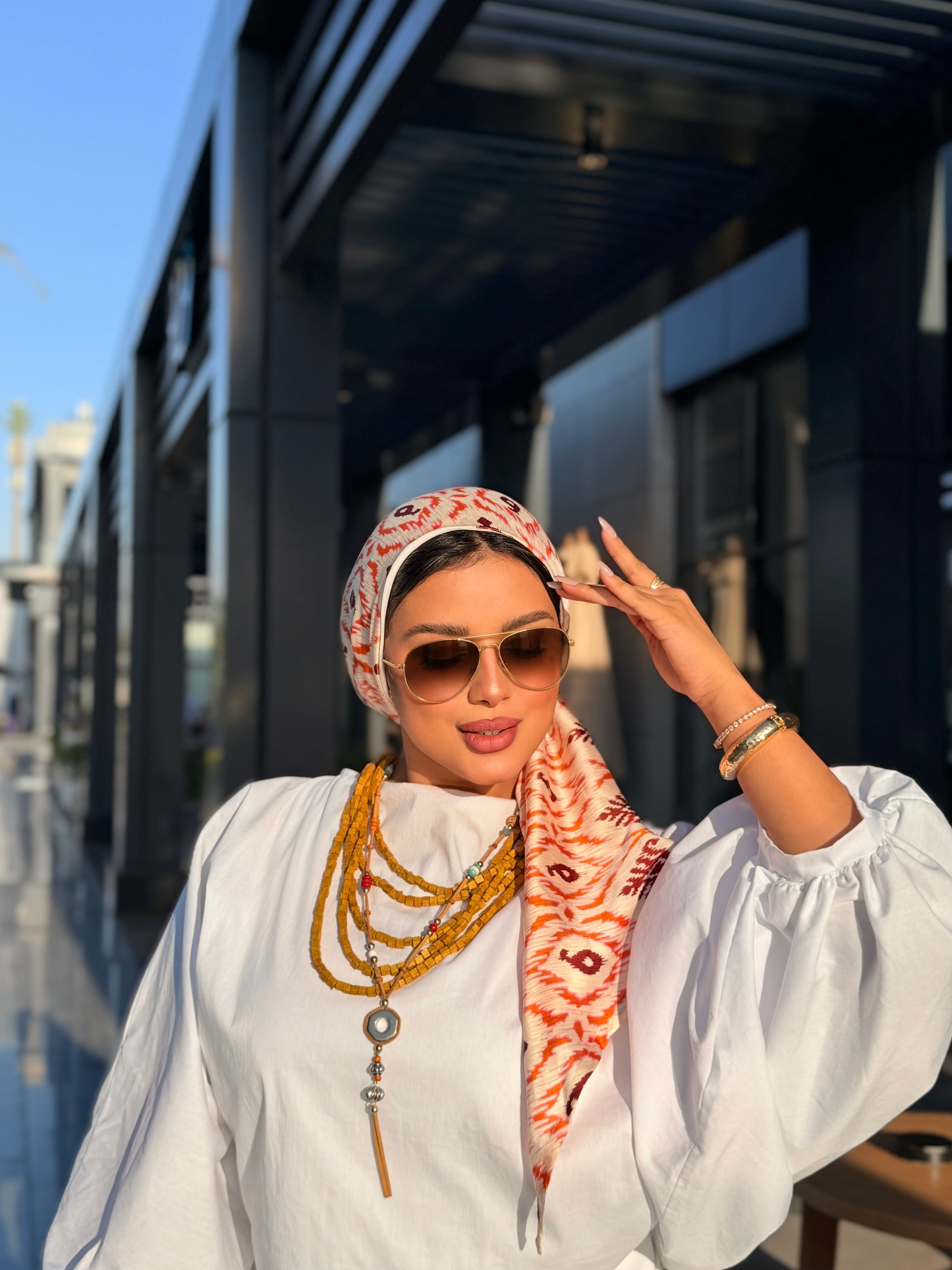 Ikat Print Head Scarf – Rust & White