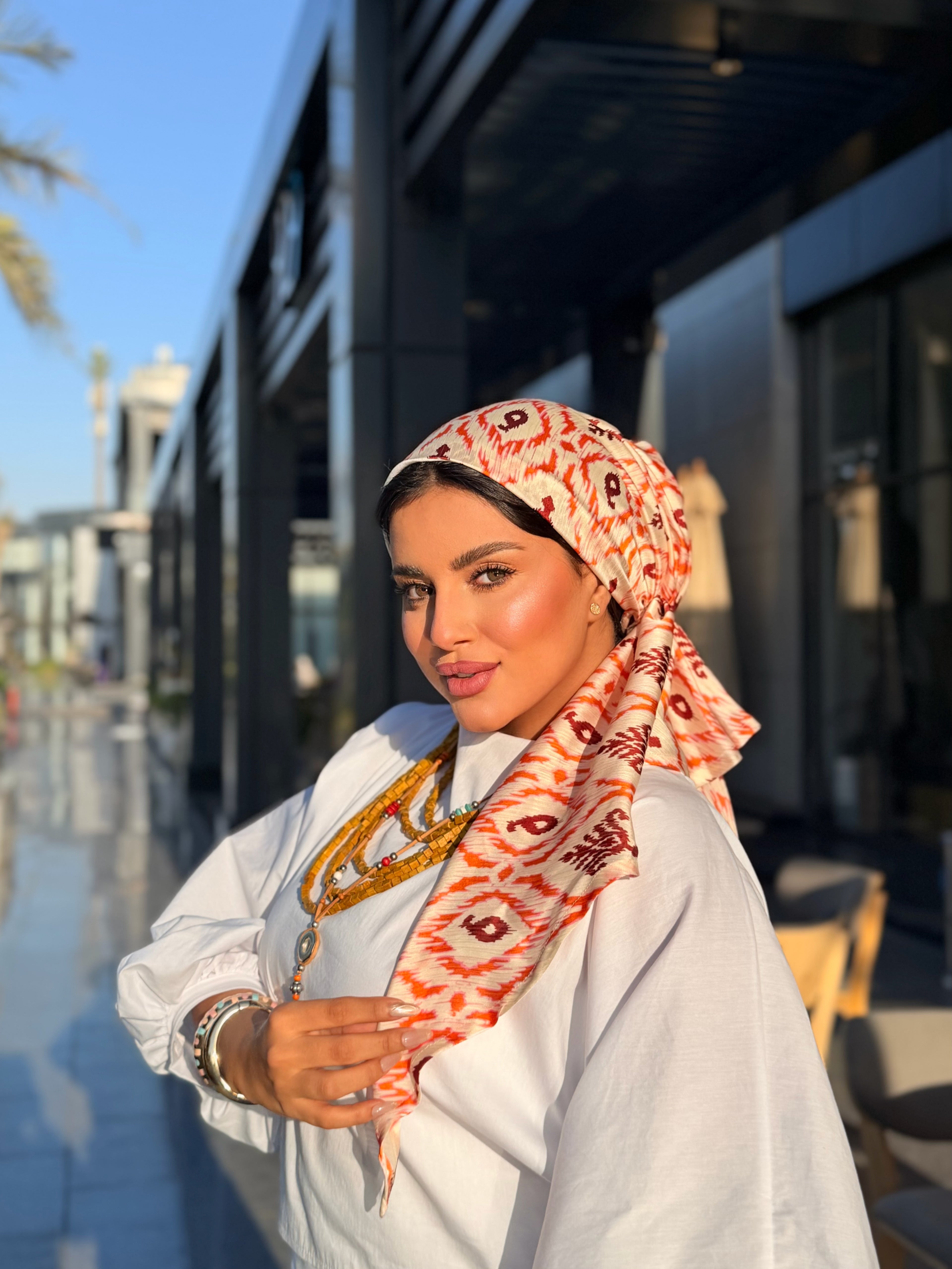 Ikat Print Head Scarf – Rust & White