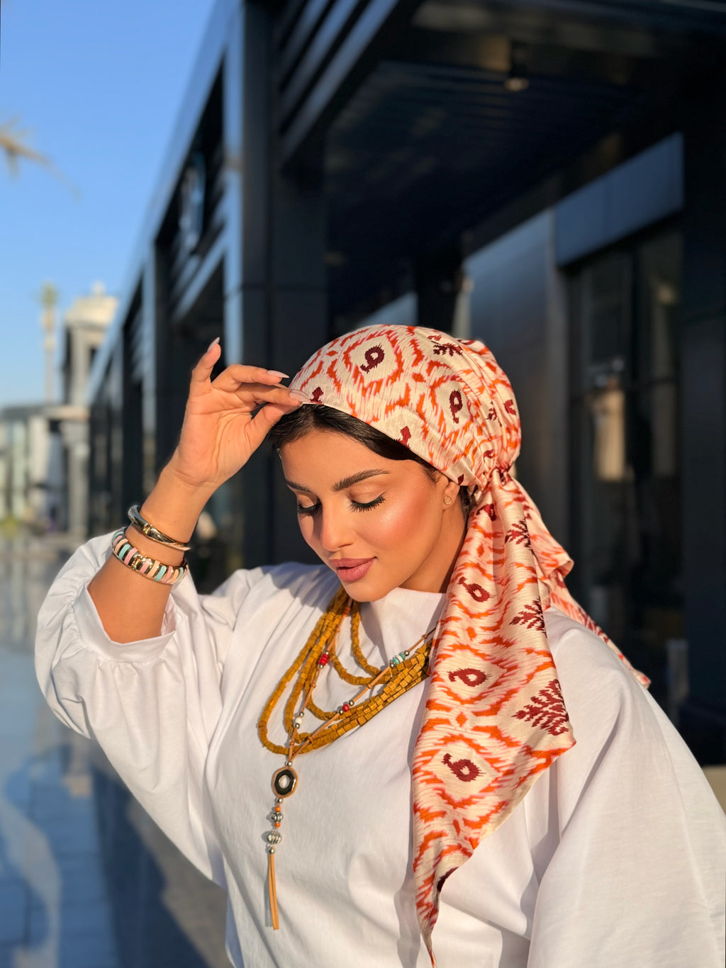 Ikat Print Head Scarf – Rust & White