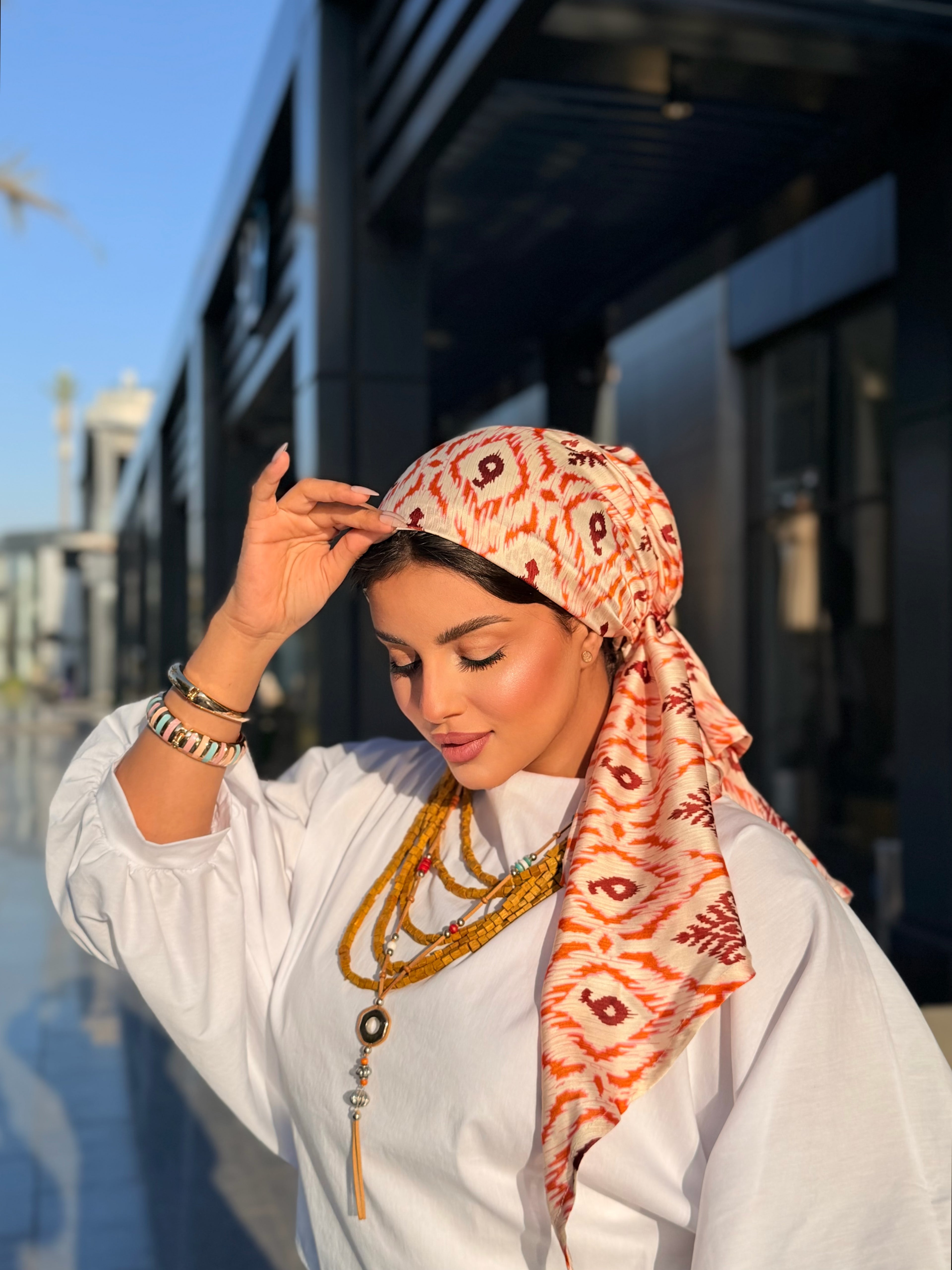 Ikat Print Head Scarf – Rust & White