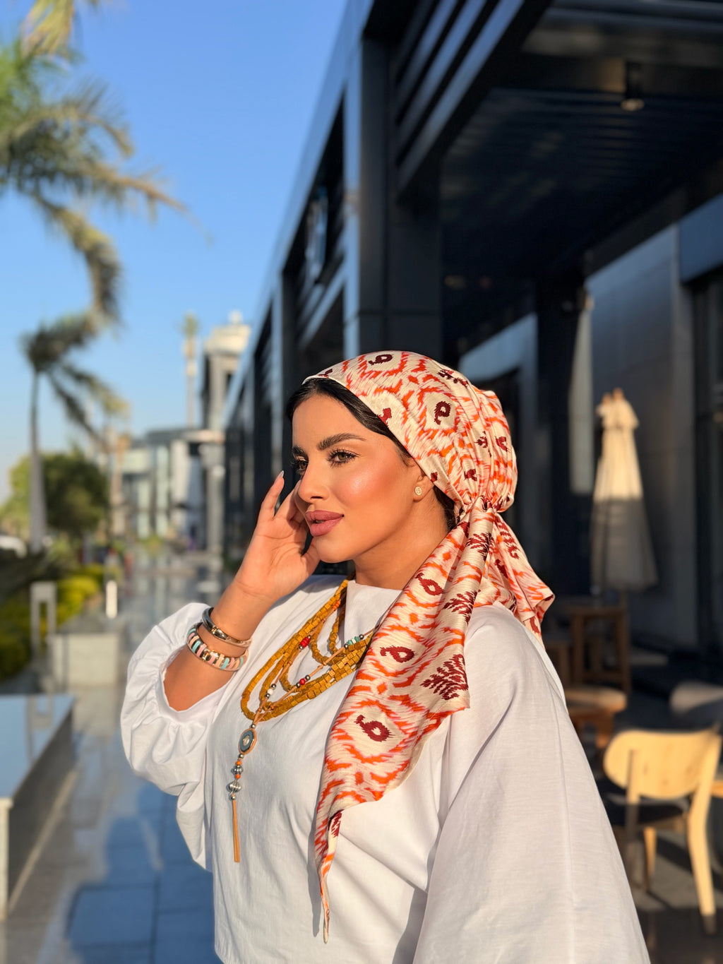 Ikat Print Head Scarf – Rust & White