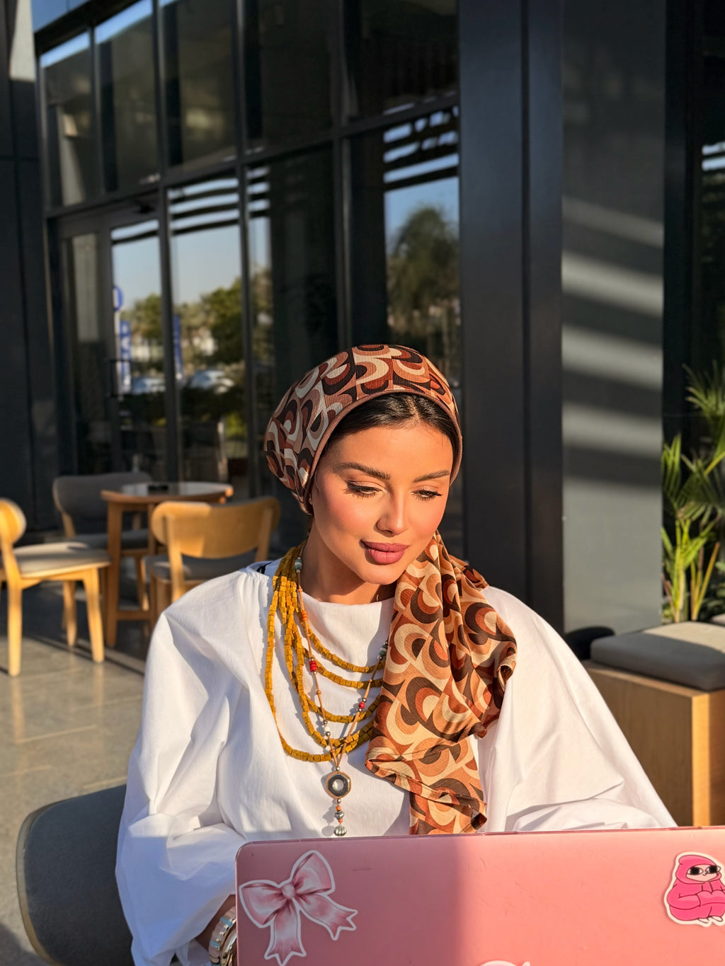 Geometric Print Head Scarf – Brown