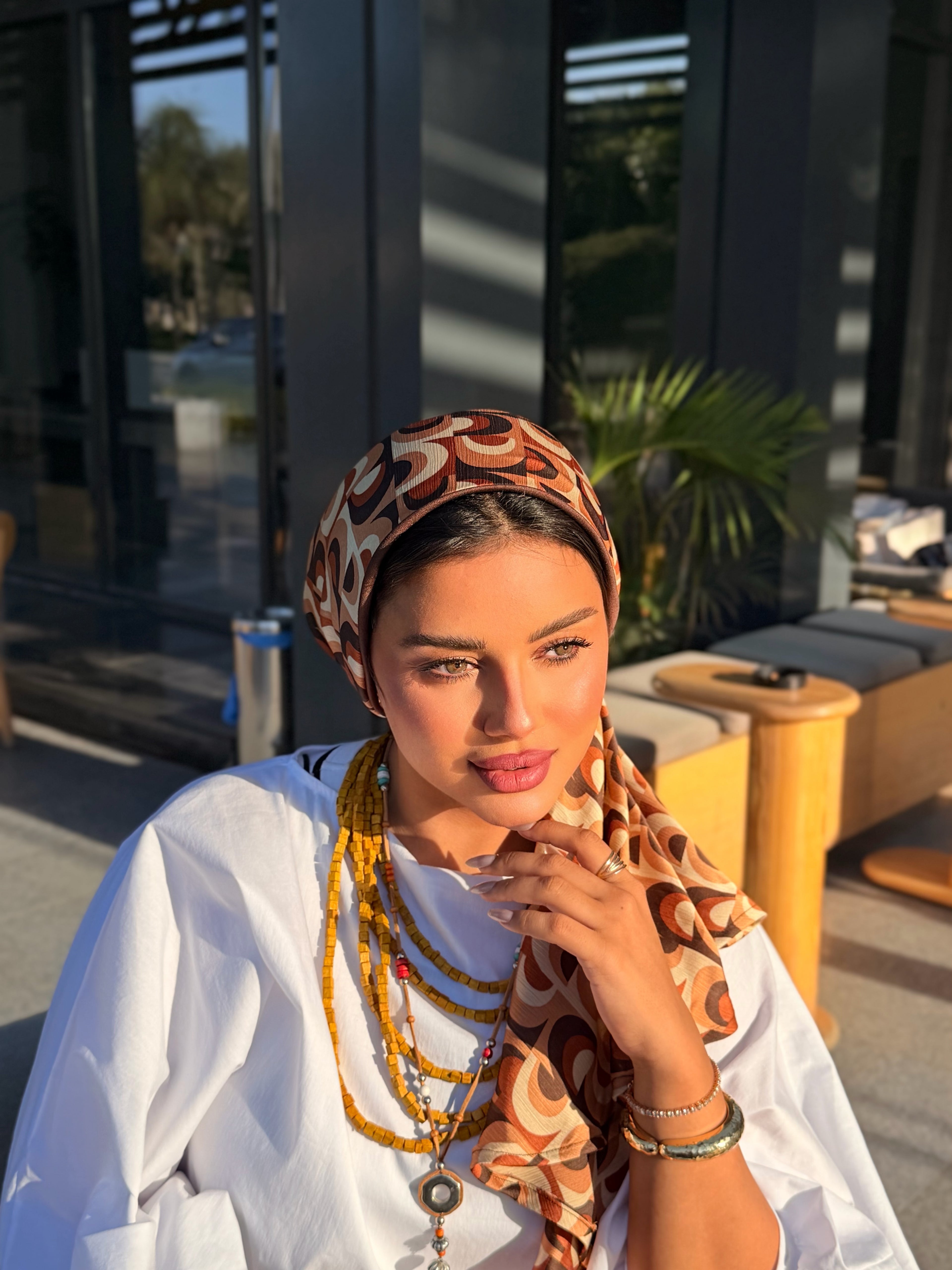 Geometric Print Head Scarf – Brown