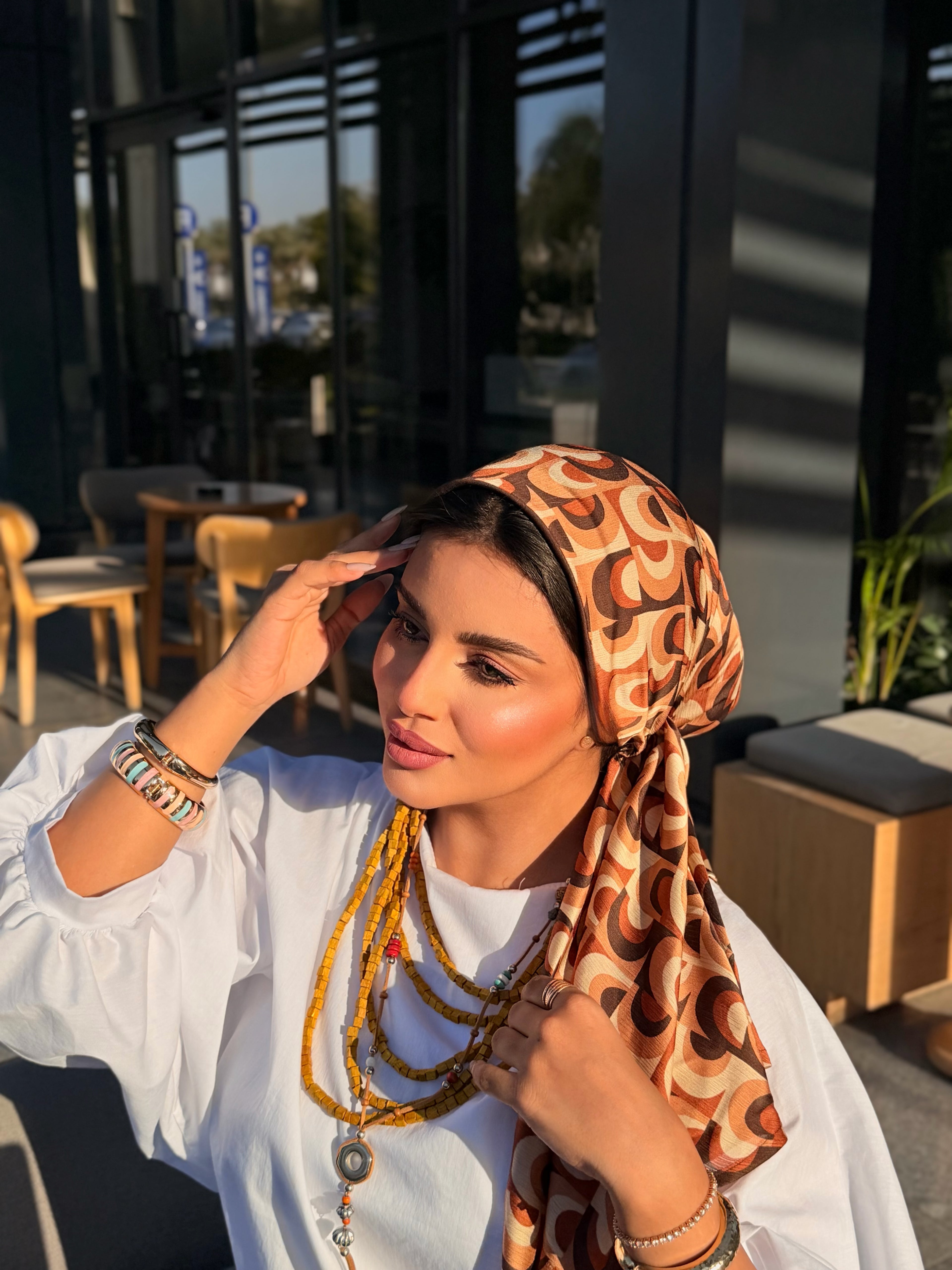 Geometric Print Head Scarf – Brown