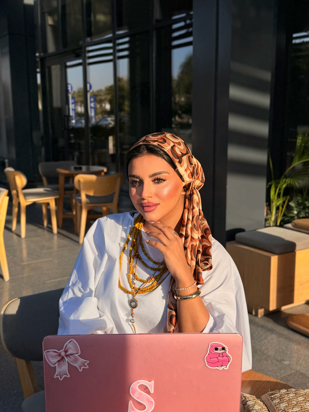 Geometric Print Head Scarf – Brown