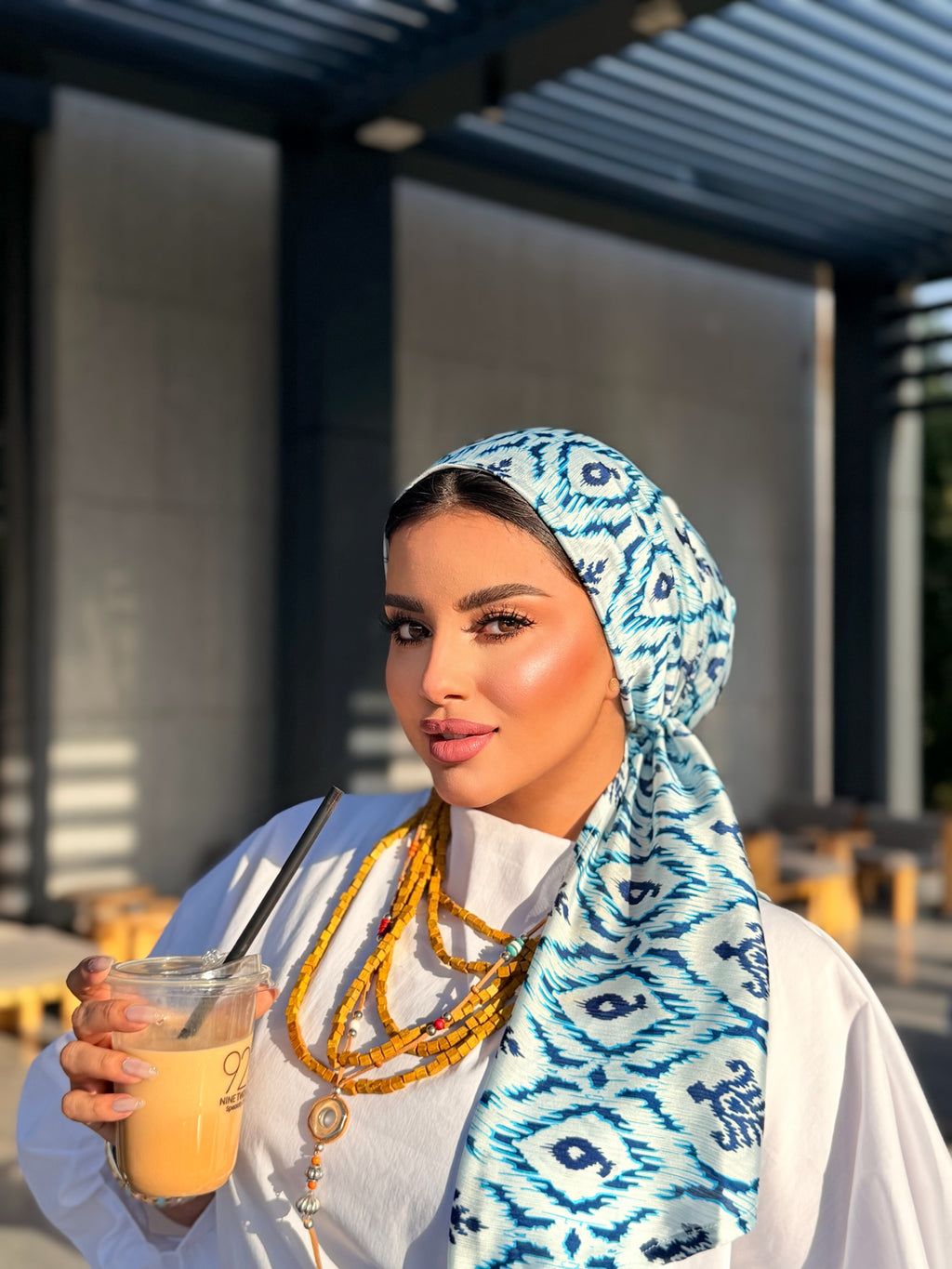 Ikat Print Head Scarf – Blue & White