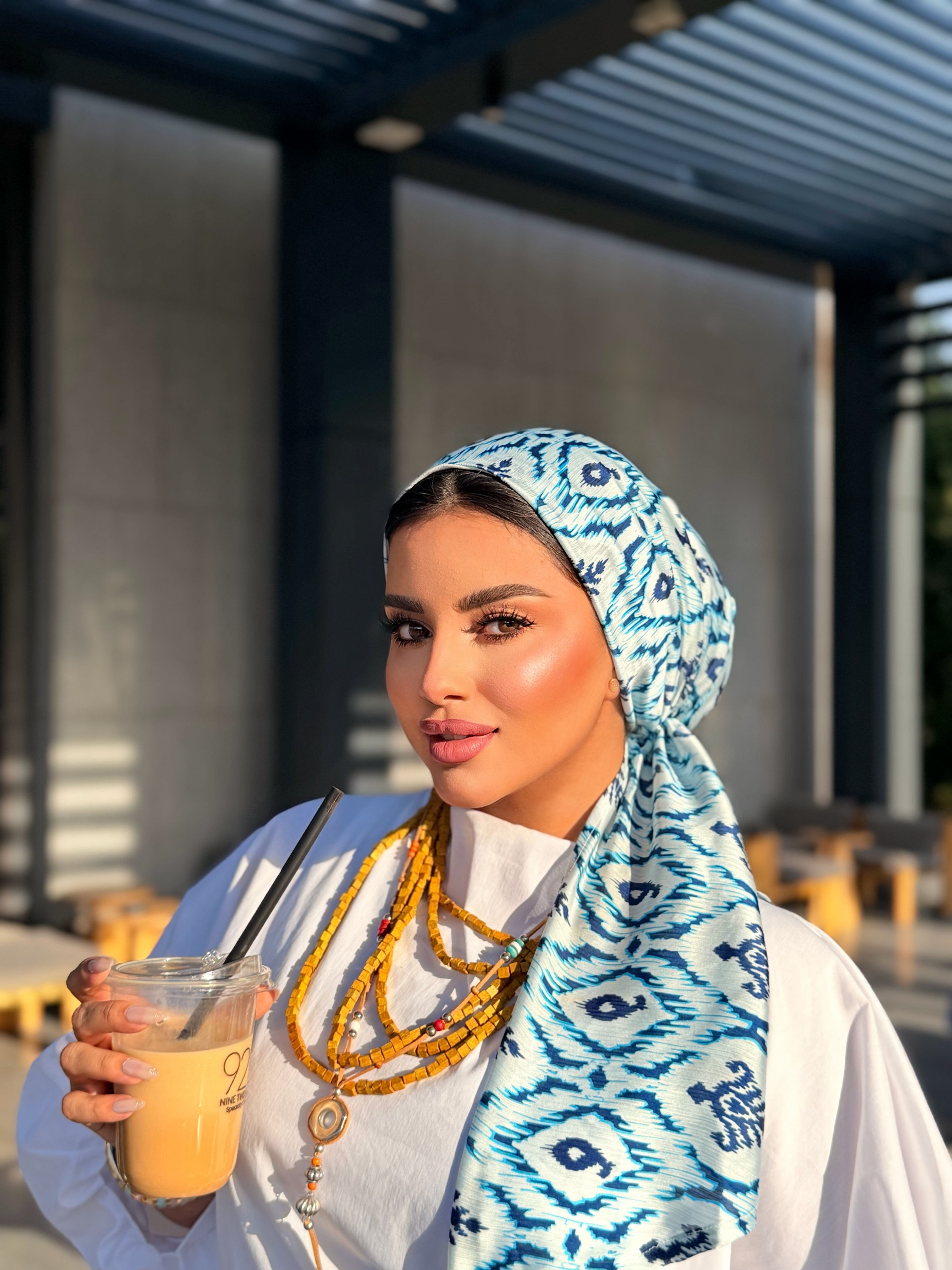 Ikat Print Head Scarf – Blue & White