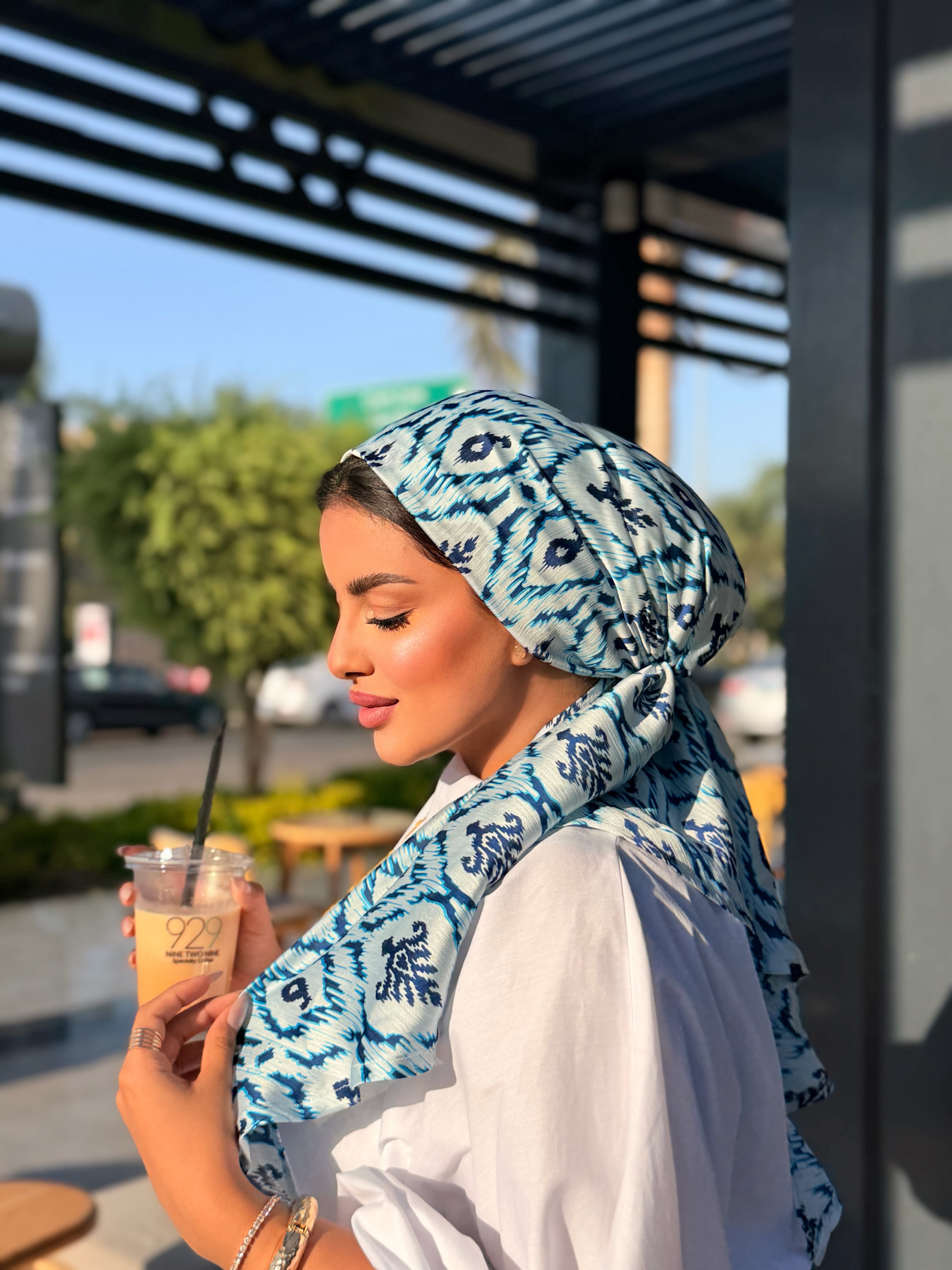 Ikat Print Head Scarf – Blue & White