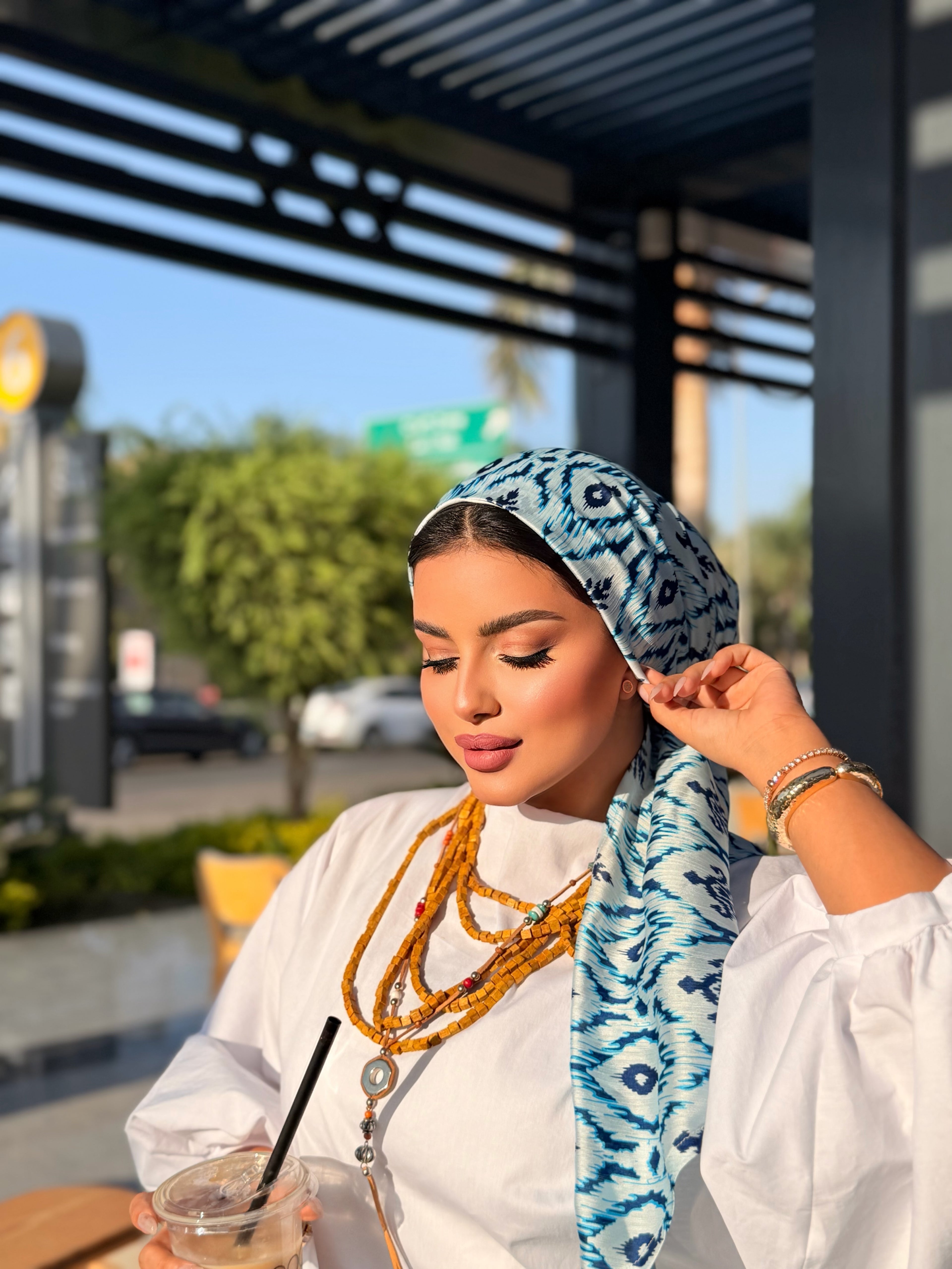 Ikat Print Head Scarf – Blue & White