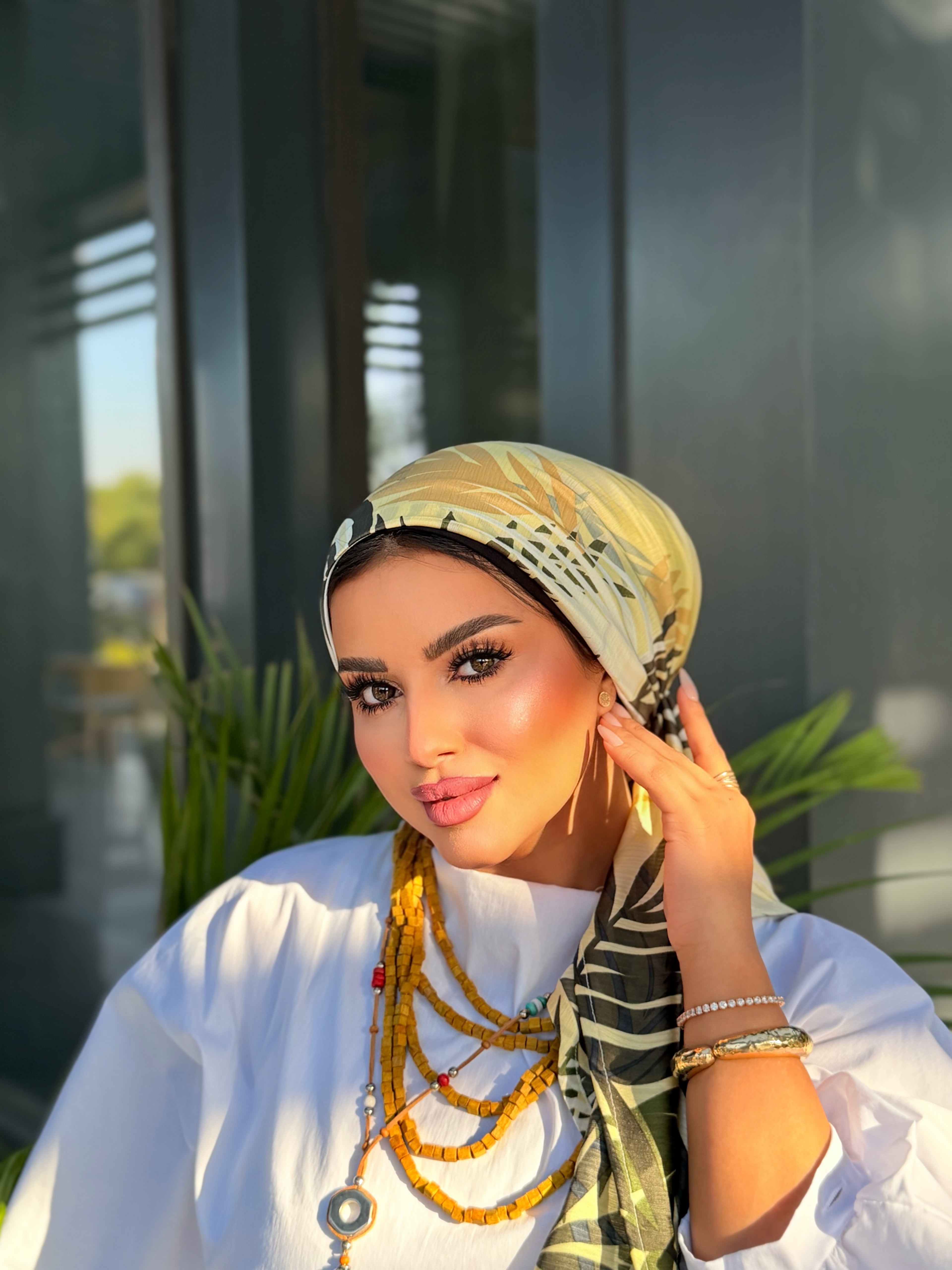 Tropical Leaf Head Scarf – Olive & Black