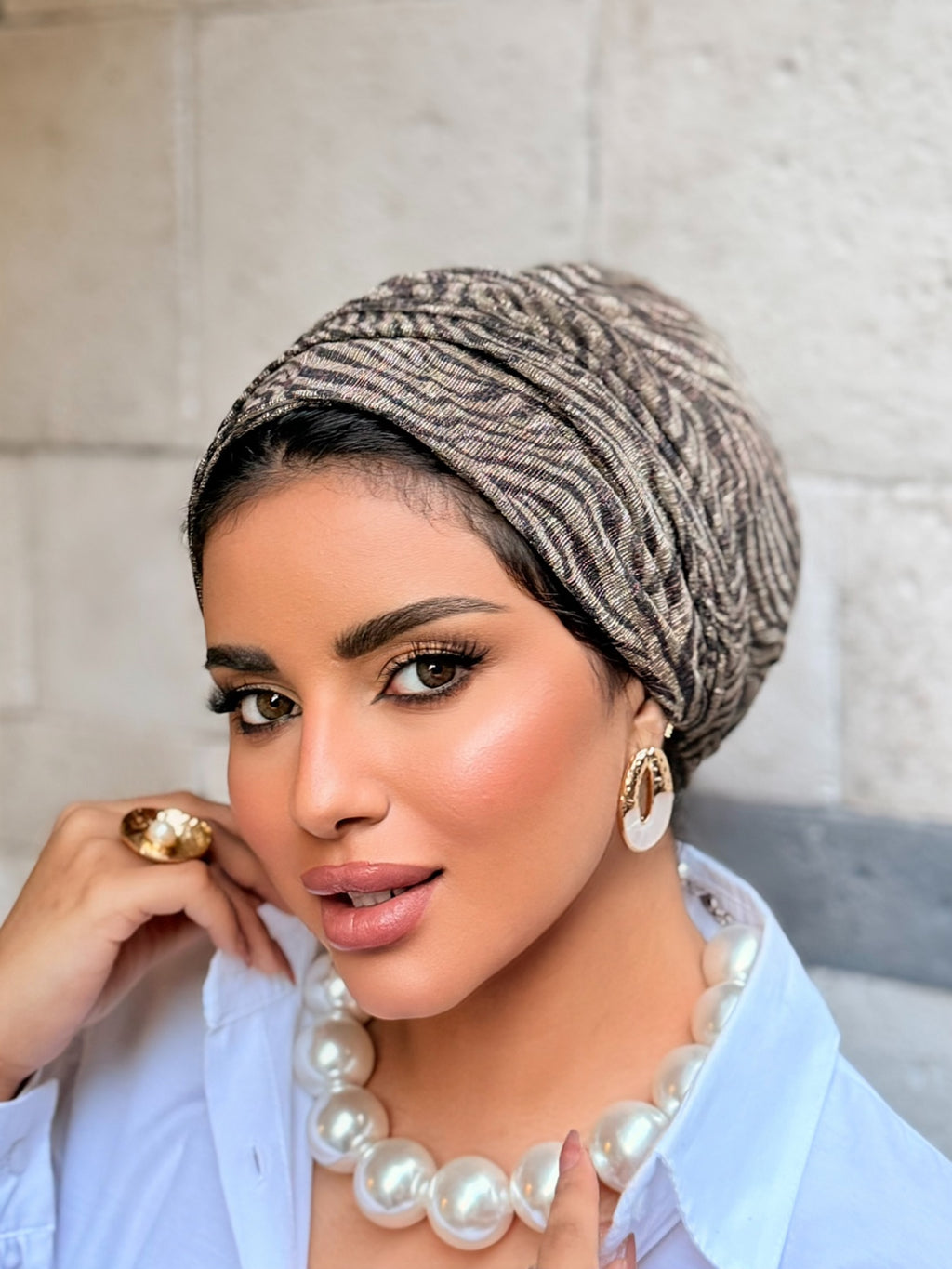 Double Layer Tal Turban — Zebra Taupe & Black