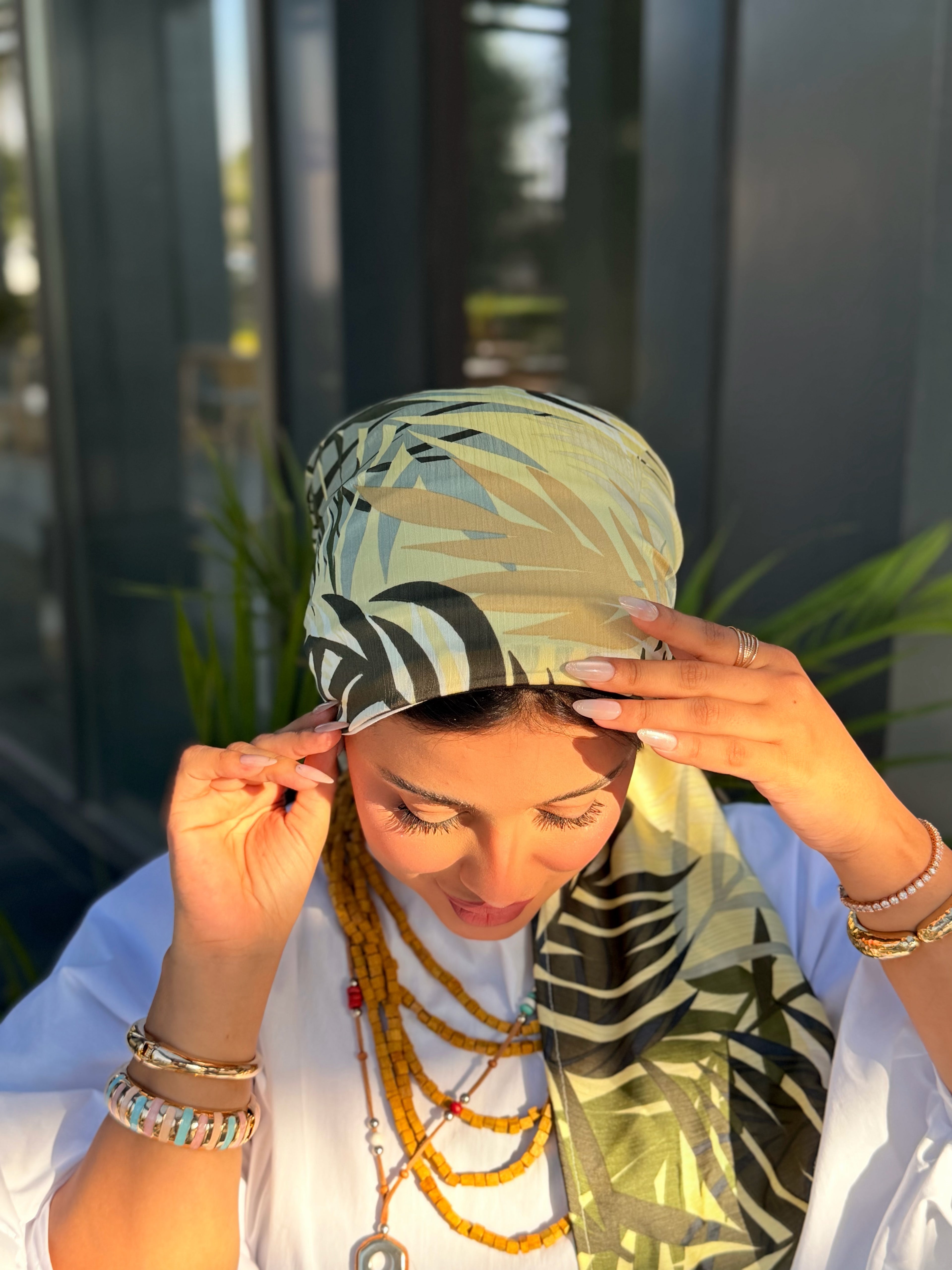Tropical Leaf Head Scarf – Olive & Black