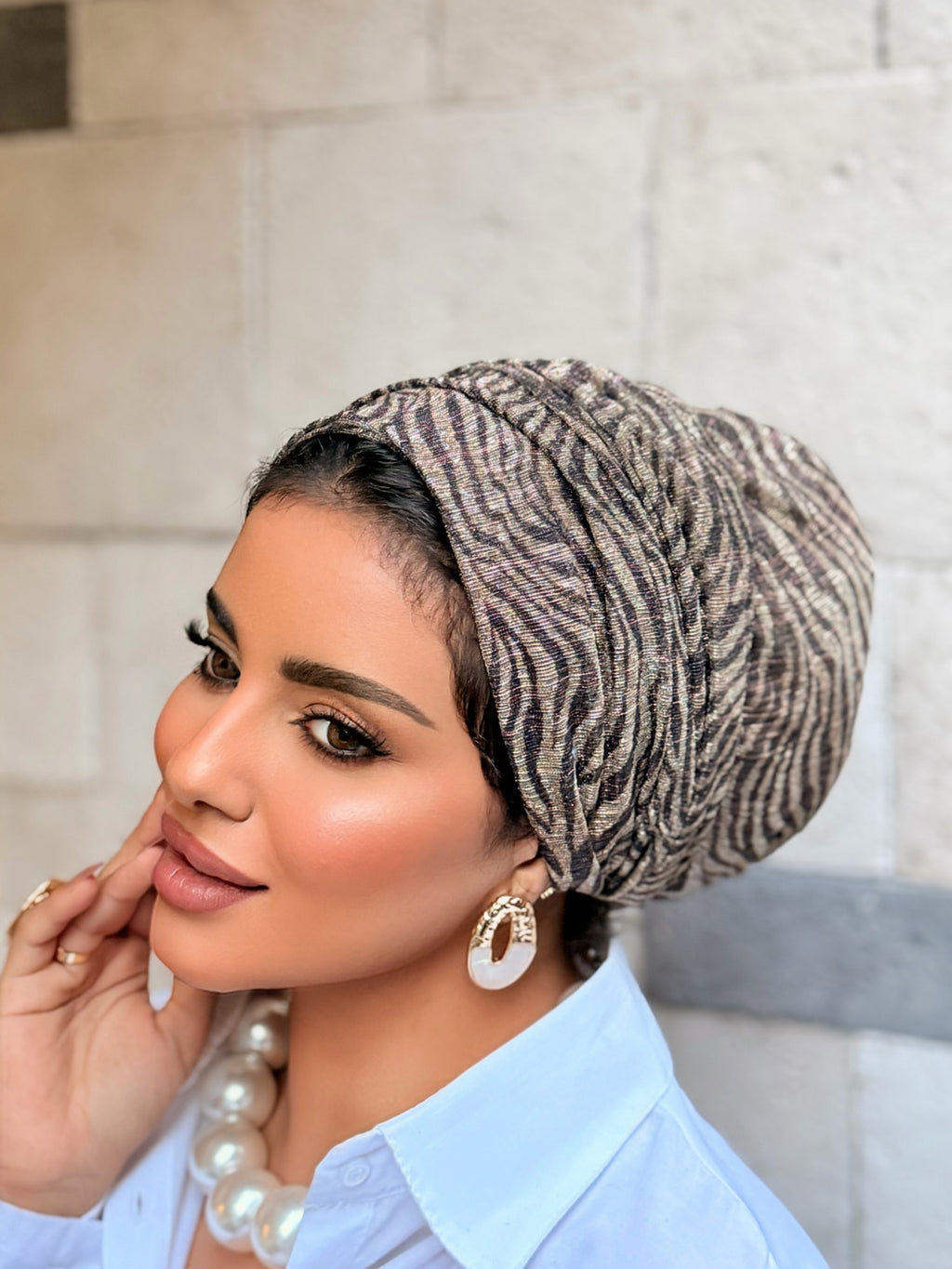 Double Layer Tal Turban — Zebra Taupe & Black