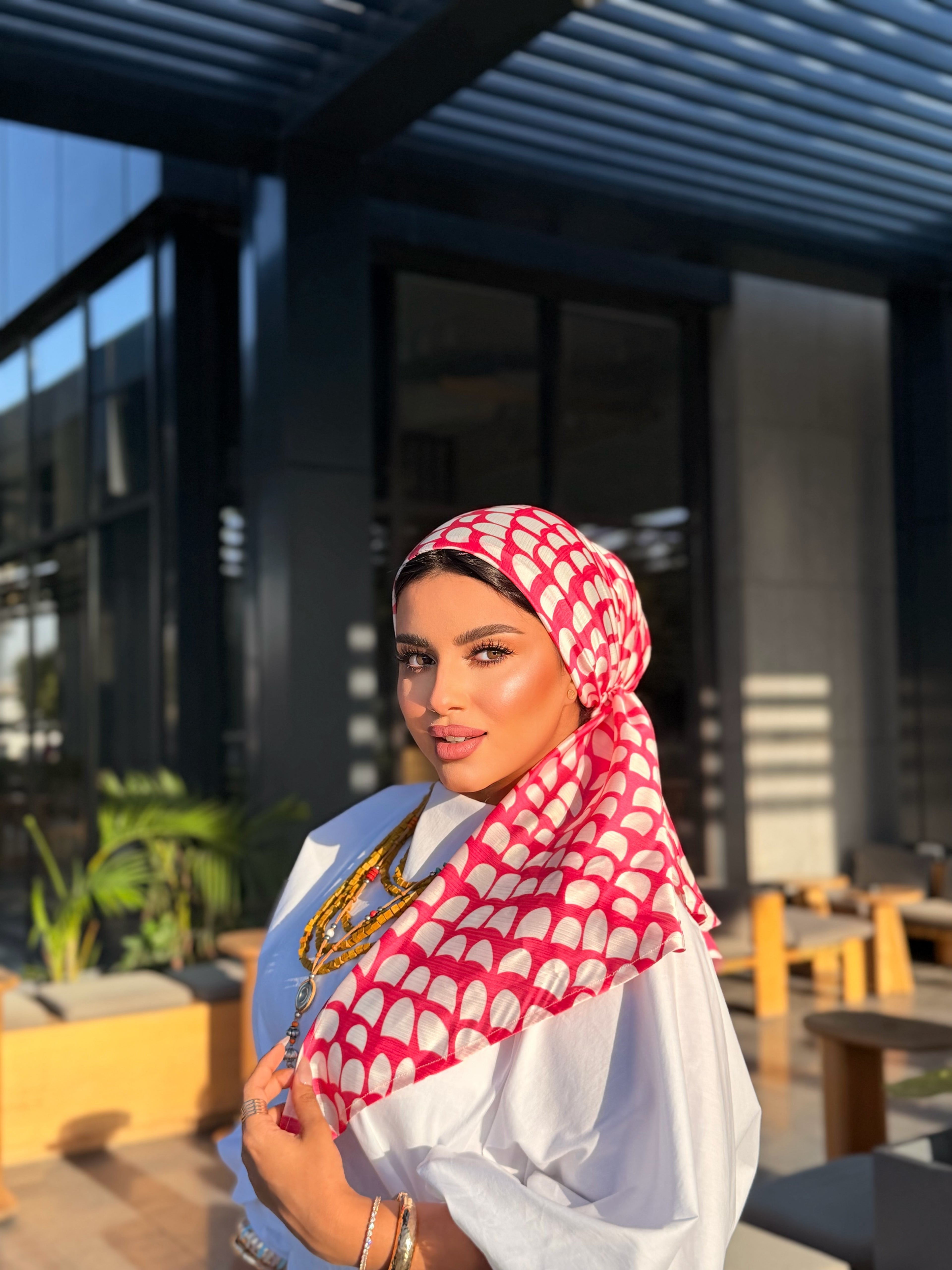 Arch Print Head Scarf – Pink & White