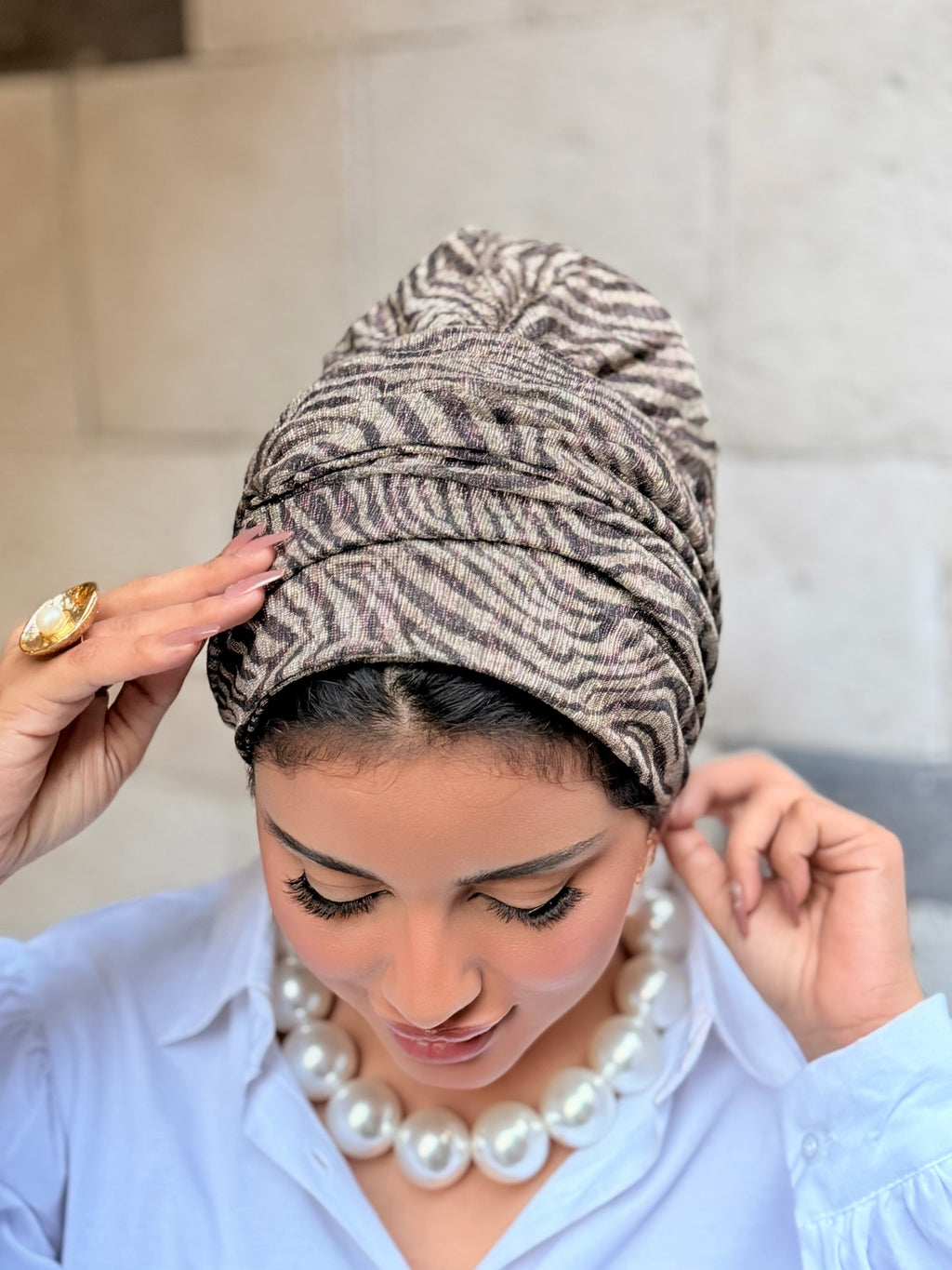 Double Layer Tal Turban — Zebra Taupe & Black