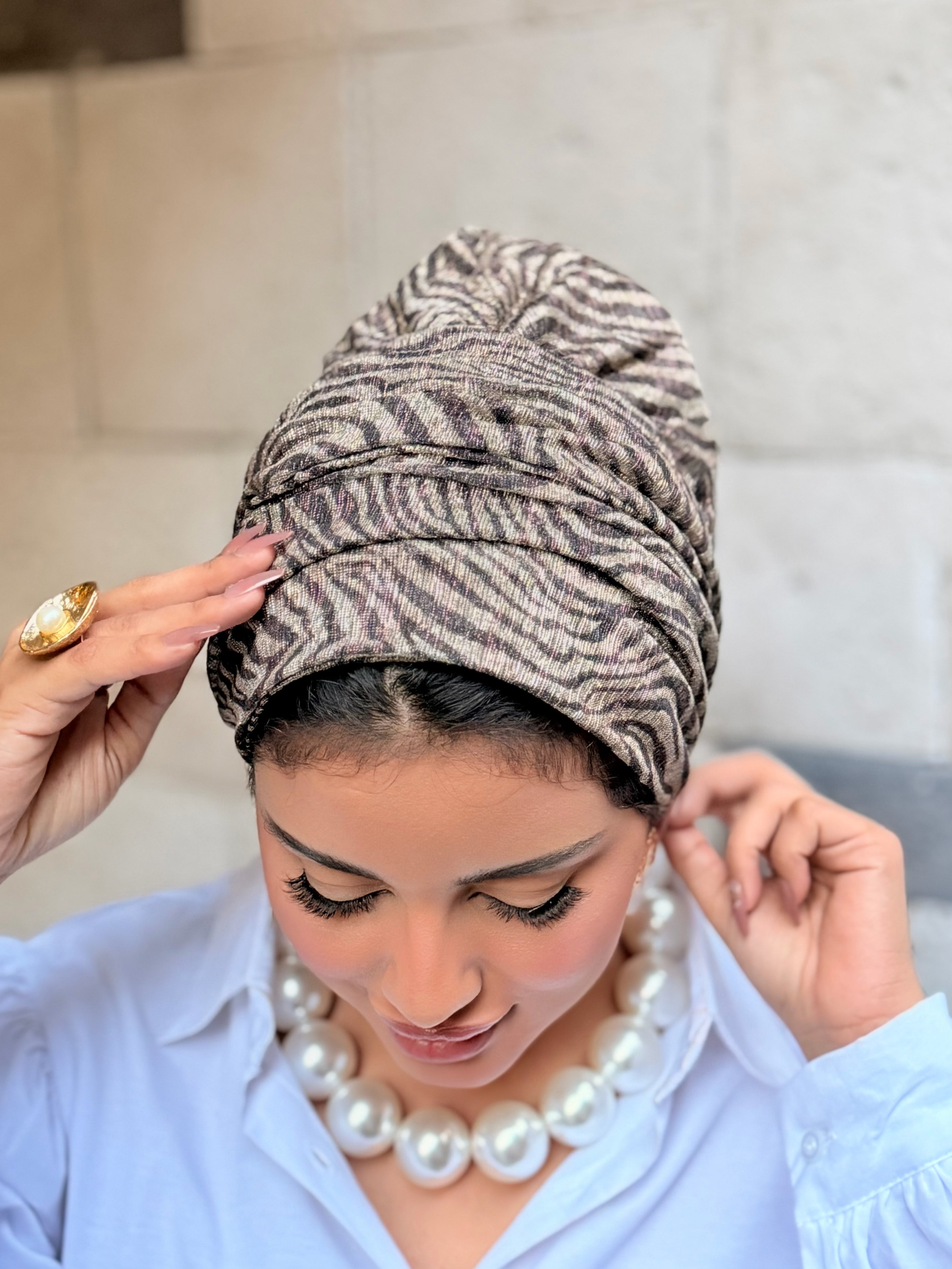 Double Layer Tal Turban — Zebra Taupe & Black