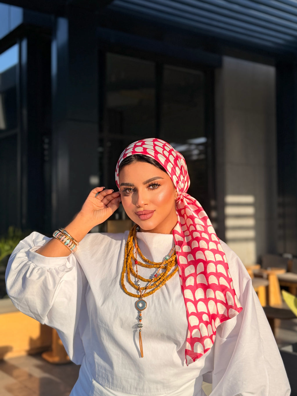 Arch Print Head Scarf – Pink & White